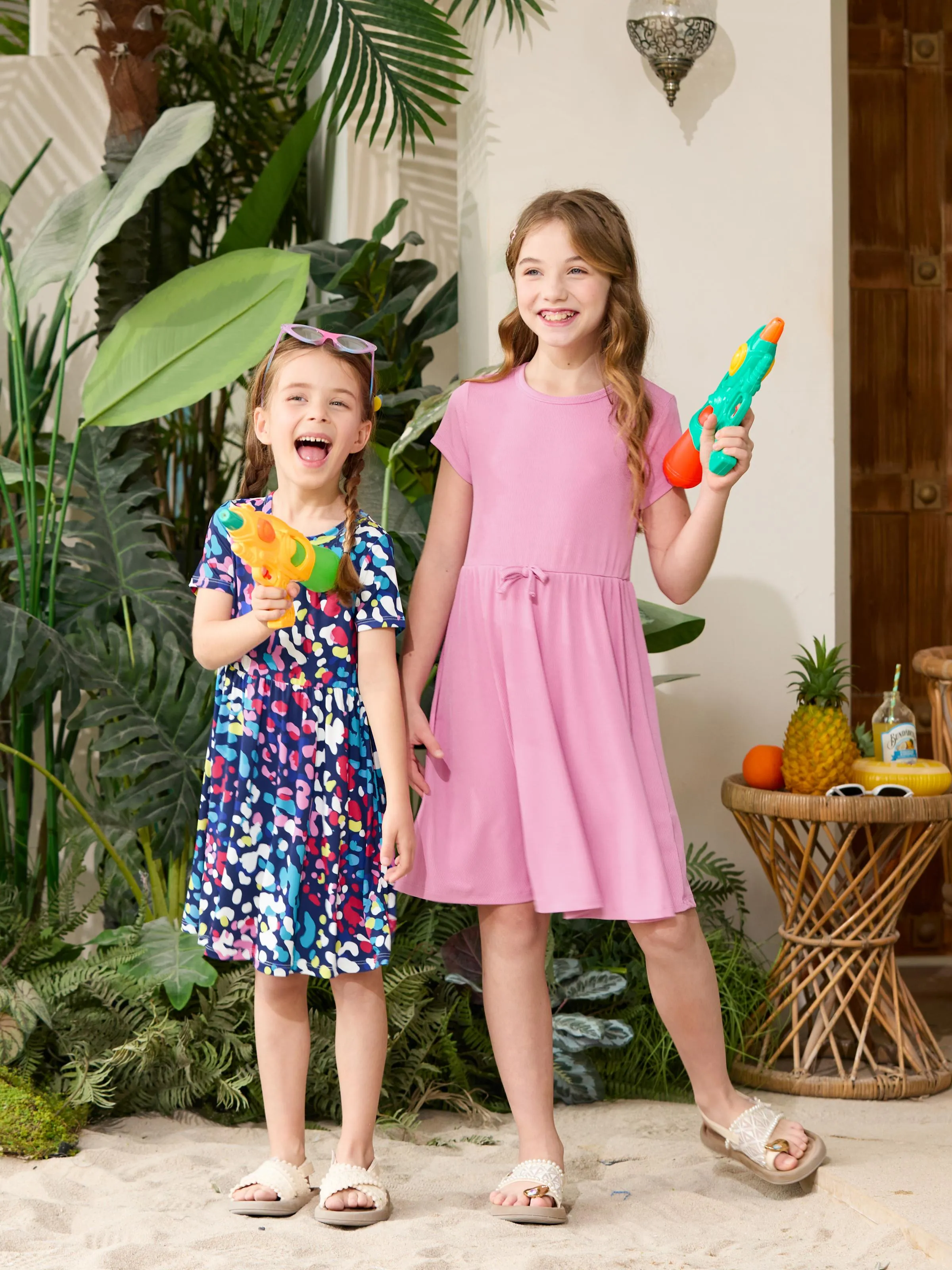 2-Pack Toddler/Kid Girl Printed & Solid Causal Dress Pink