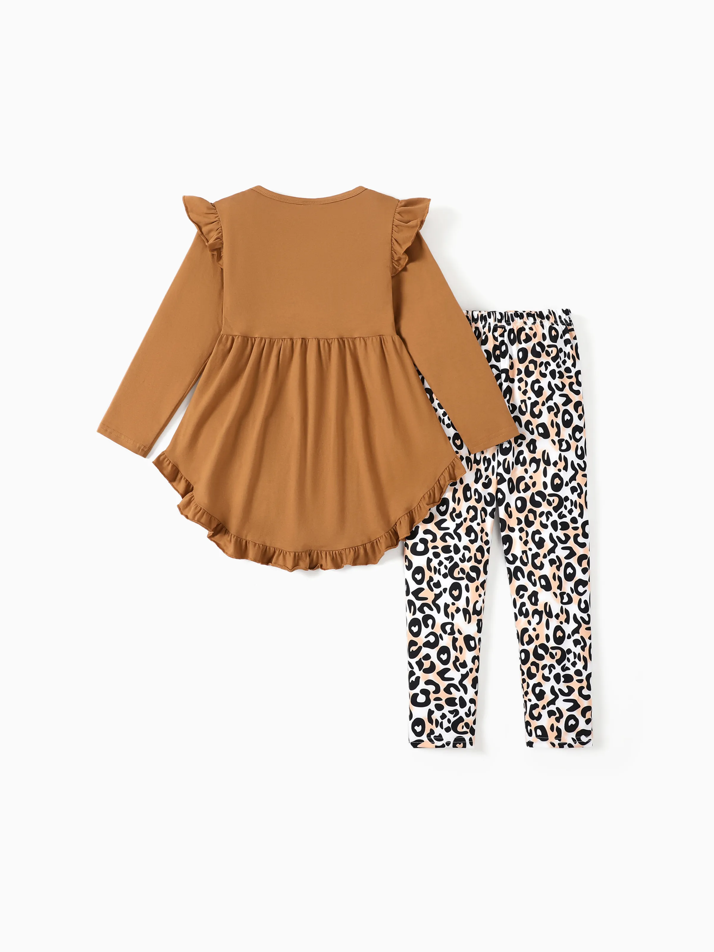 2-piece Kid Girl Bowknot Ruffled Long-sleeves Tee and Flower Allover Print Pants Brown - Image 2