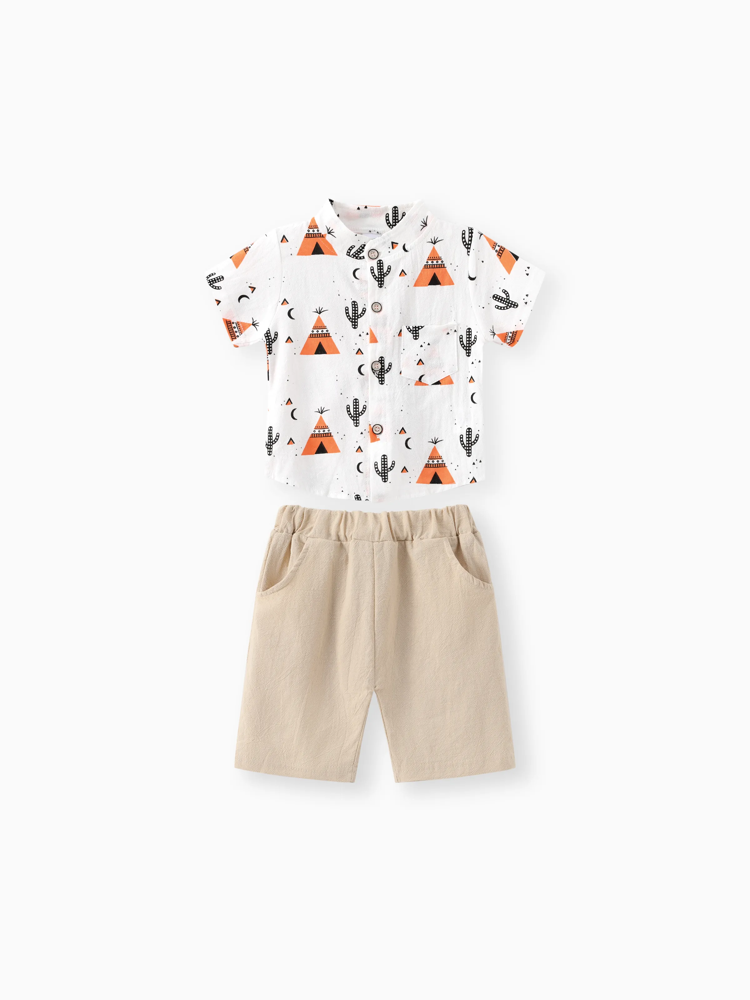 2pcs Baby Boy 95% Cotton Short-sleeve All Over Cactus Print Button Up Shirt and Solid Shorts Set Orange
