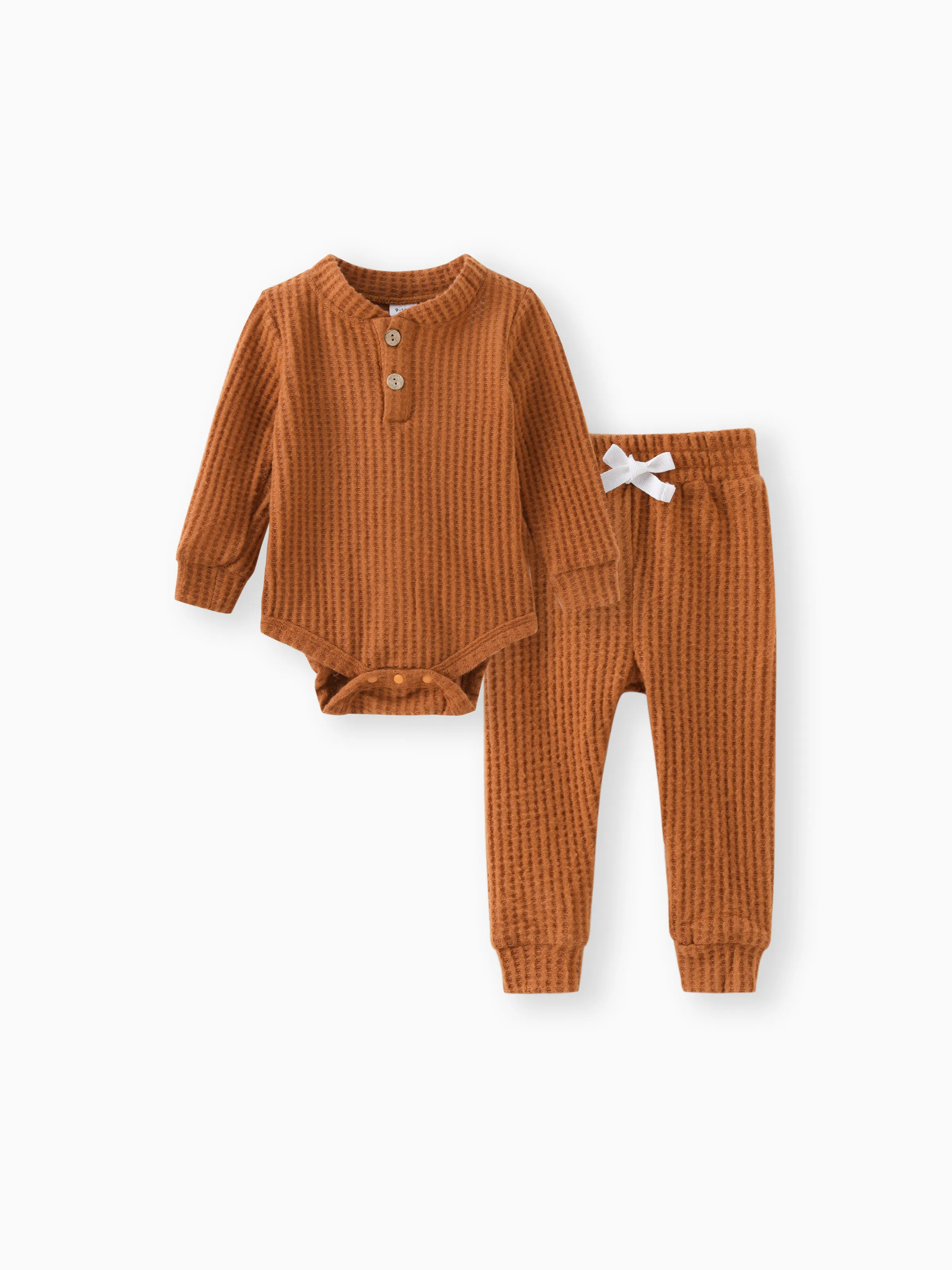 2pcs Solid Waffle Long-sleeve Baby Set Brown