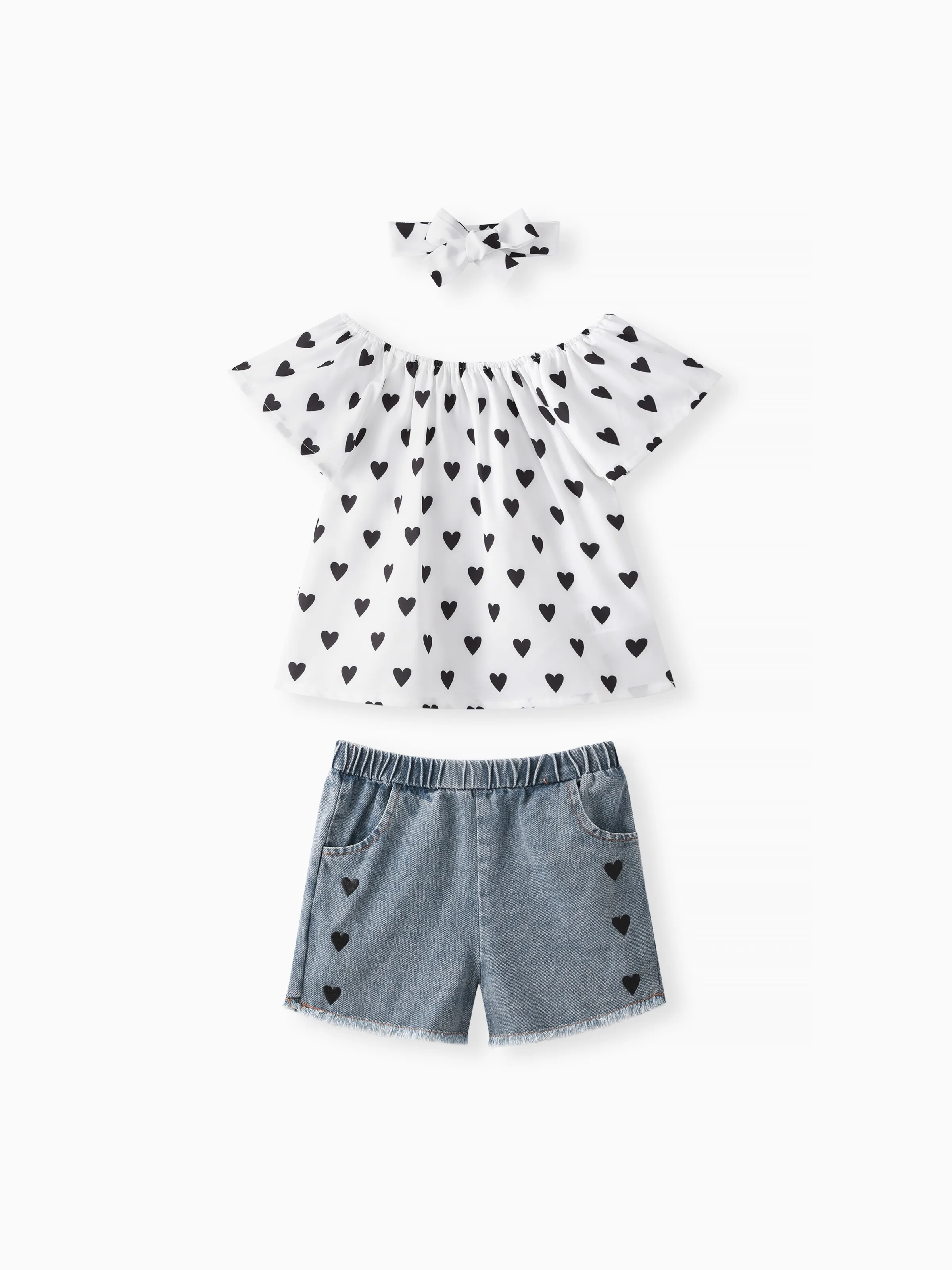 3pcs Toddler Girl Heart Print Short-sleeve Blouse and Denim Shorts & Headband Set White