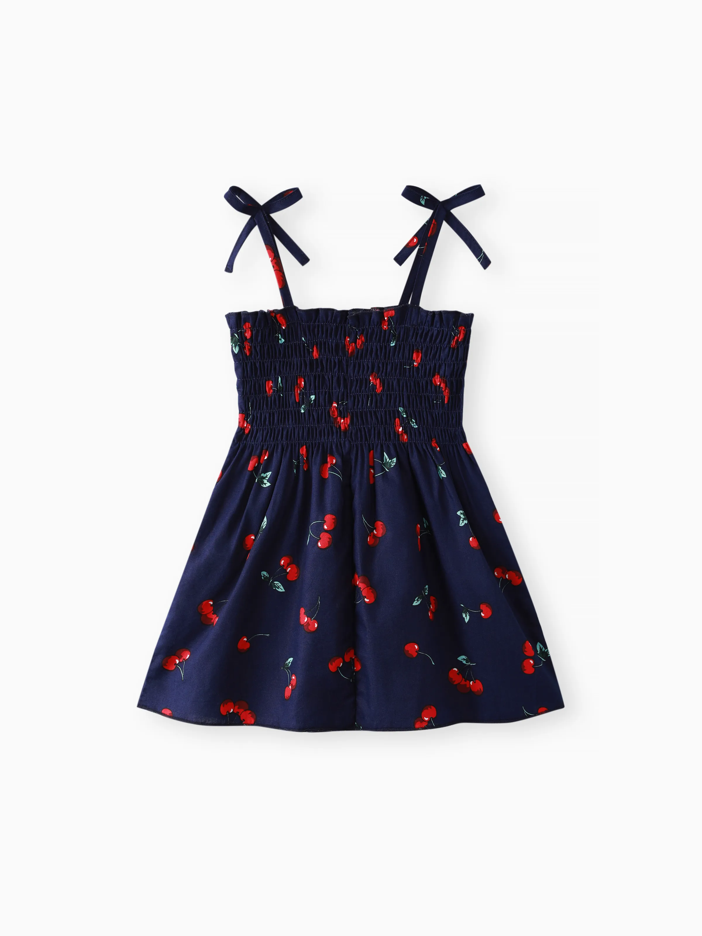 Baby Girl 100% Cotton Allover Cherry Print Shirred Strappy Dress Dark Blue - Image 2