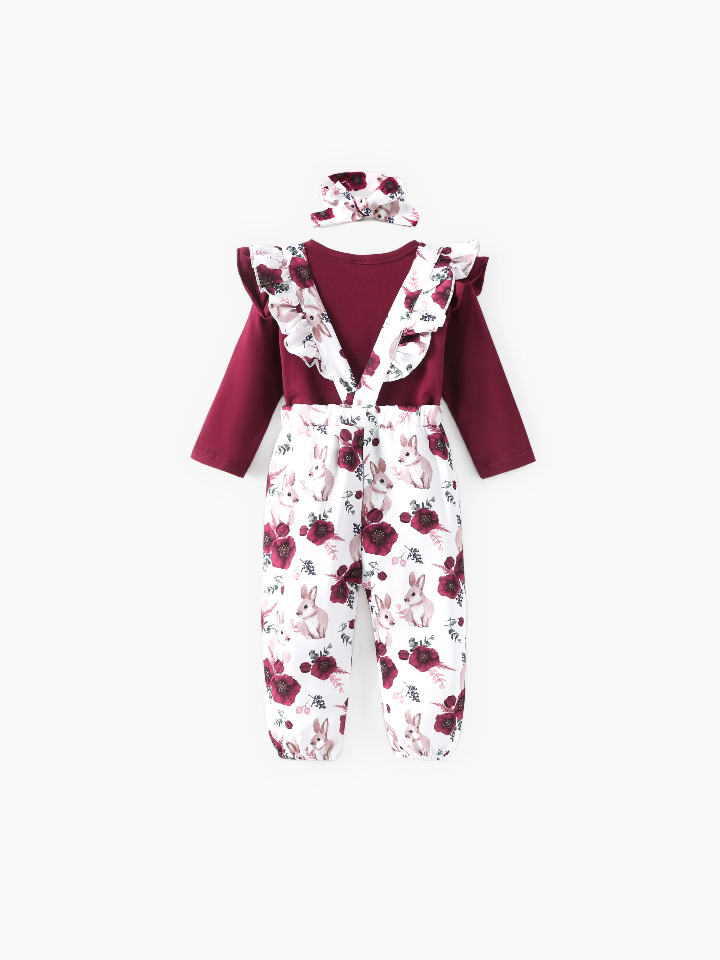 Baby Girl 3pcs Sweet Solid Romper and Floral Print Ruffled Overalls with Headband Set Burgundy - Image 2