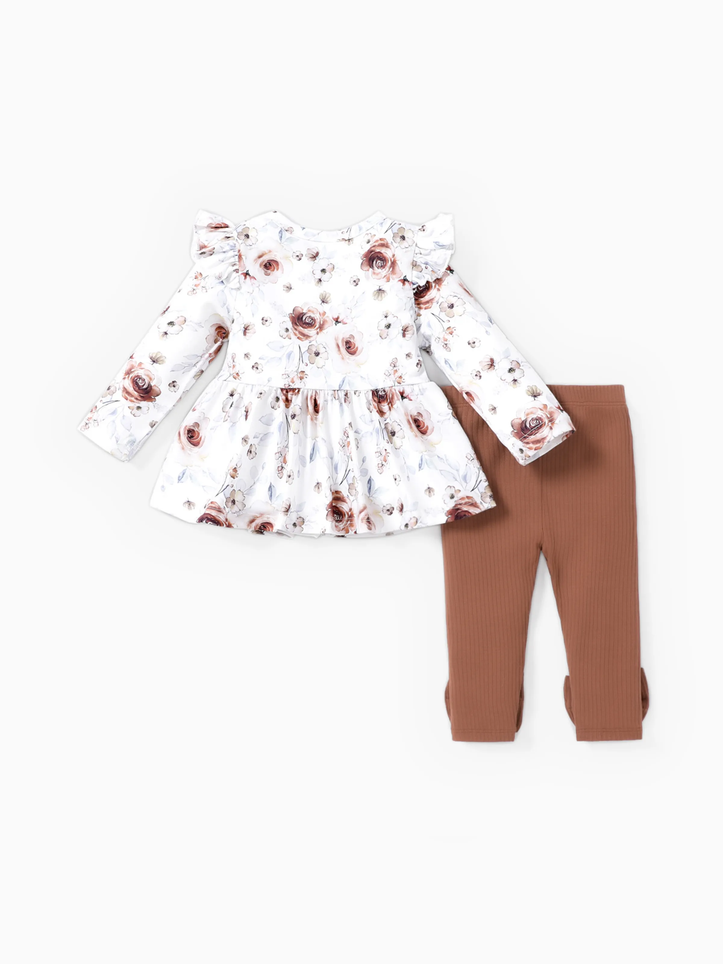 Baby Girl Clothes 2PCS Sweet Big Flower Flutter Sleeve Set
Brown - Image 2
