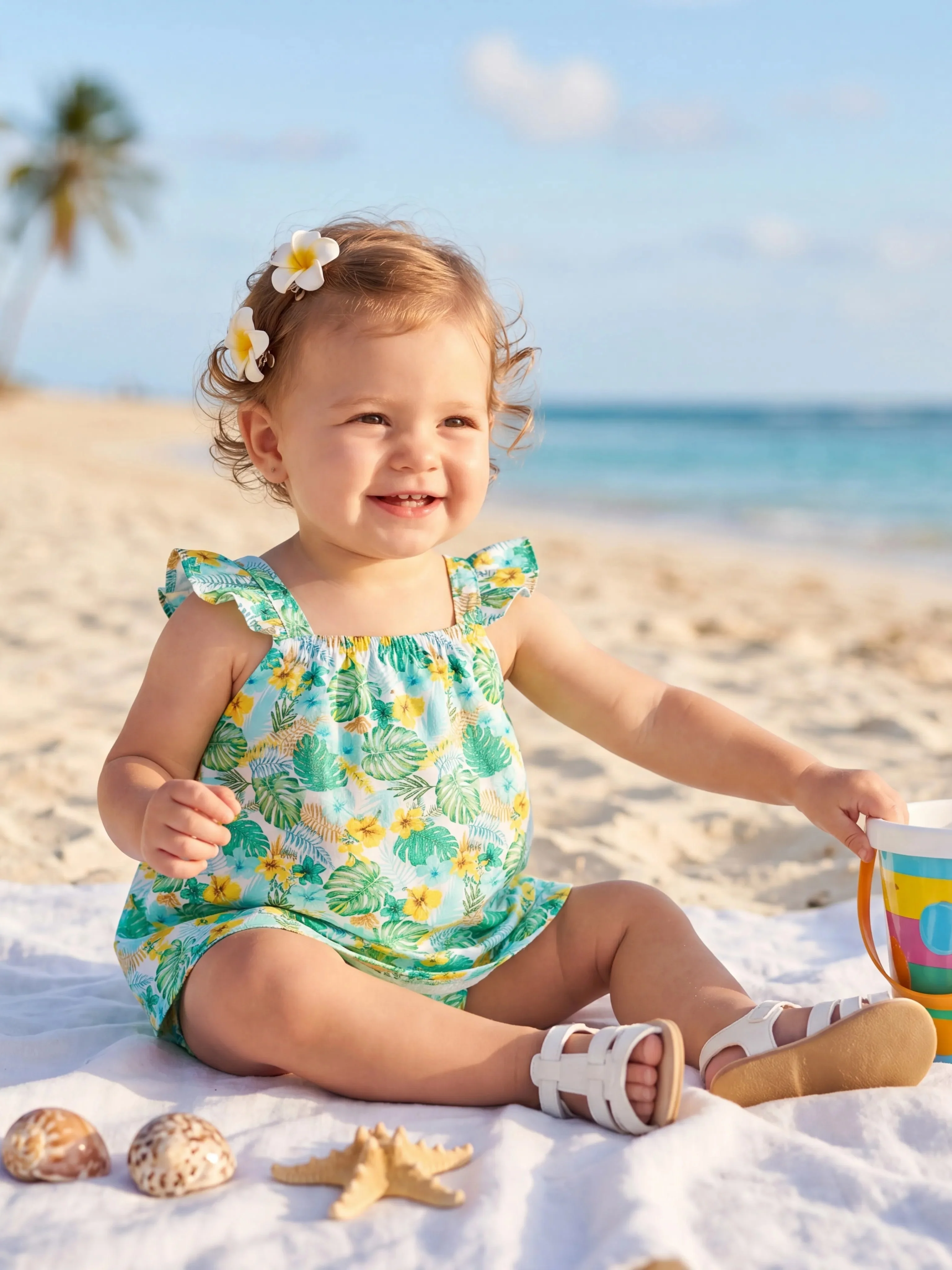 Ocean Vibes Baby Girl Tropical island Leaf Print Dress Green - Image 3