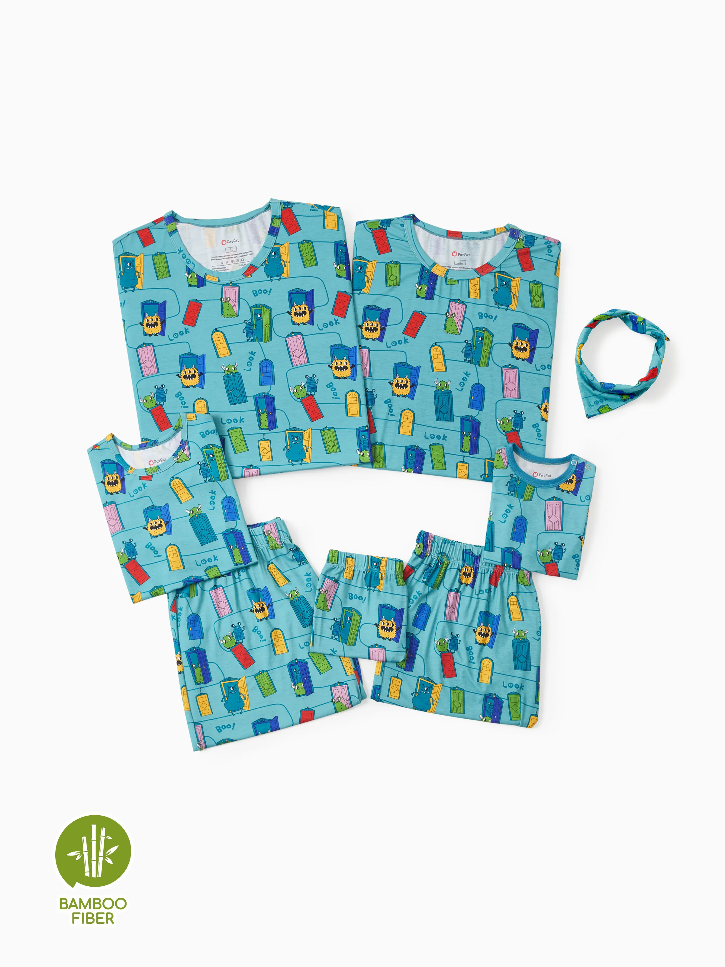 Bamboo Family Pajamas Cartoon Print Short-sleeve Matching Pajama set ( Snug-Fitting for Children ) Green - Image 2