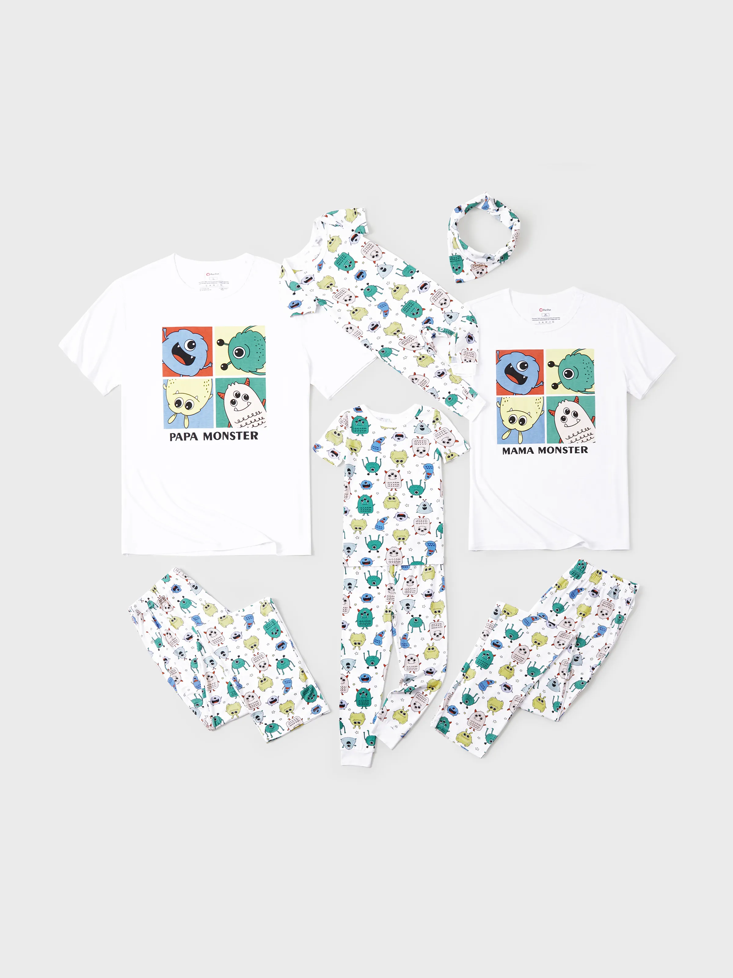 Bamboo Family Pajamas Cute Little Monster Print Short-sleeve Matching Pajama Set ( Snug-Fitting for Children ) White - Image 2