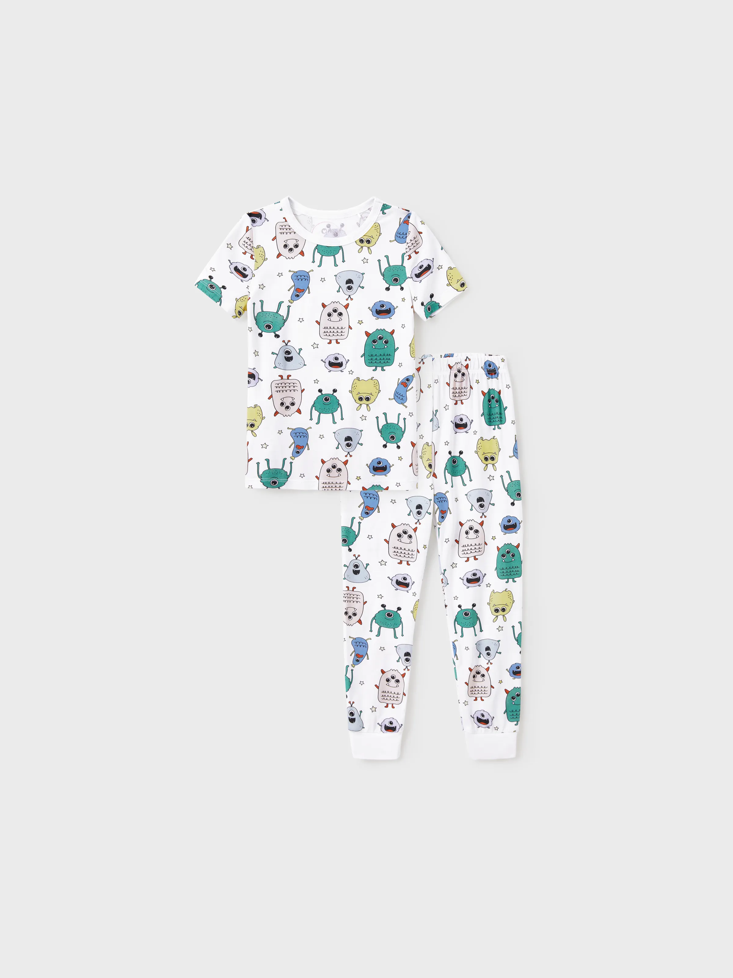 Bamboo Family Pajamas Cute Little Monster Print Short-sleeve Matching Pajama Set ( Snug-Fitting for Children ) White - Image 8