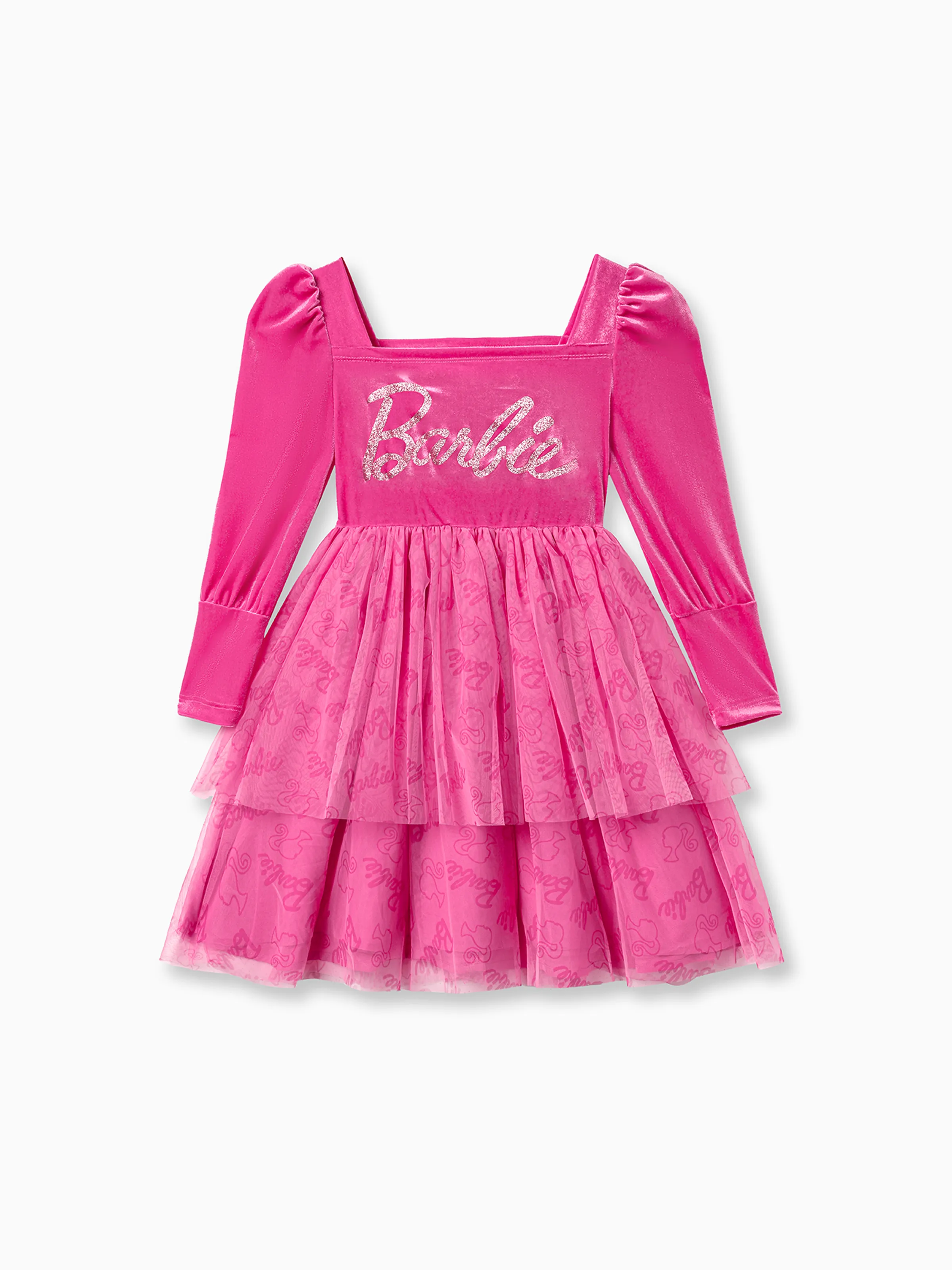 Barbie Kid Girl Glitter Letter Graphic Long-sleeve Mesh Fairy Dress Rosy pink