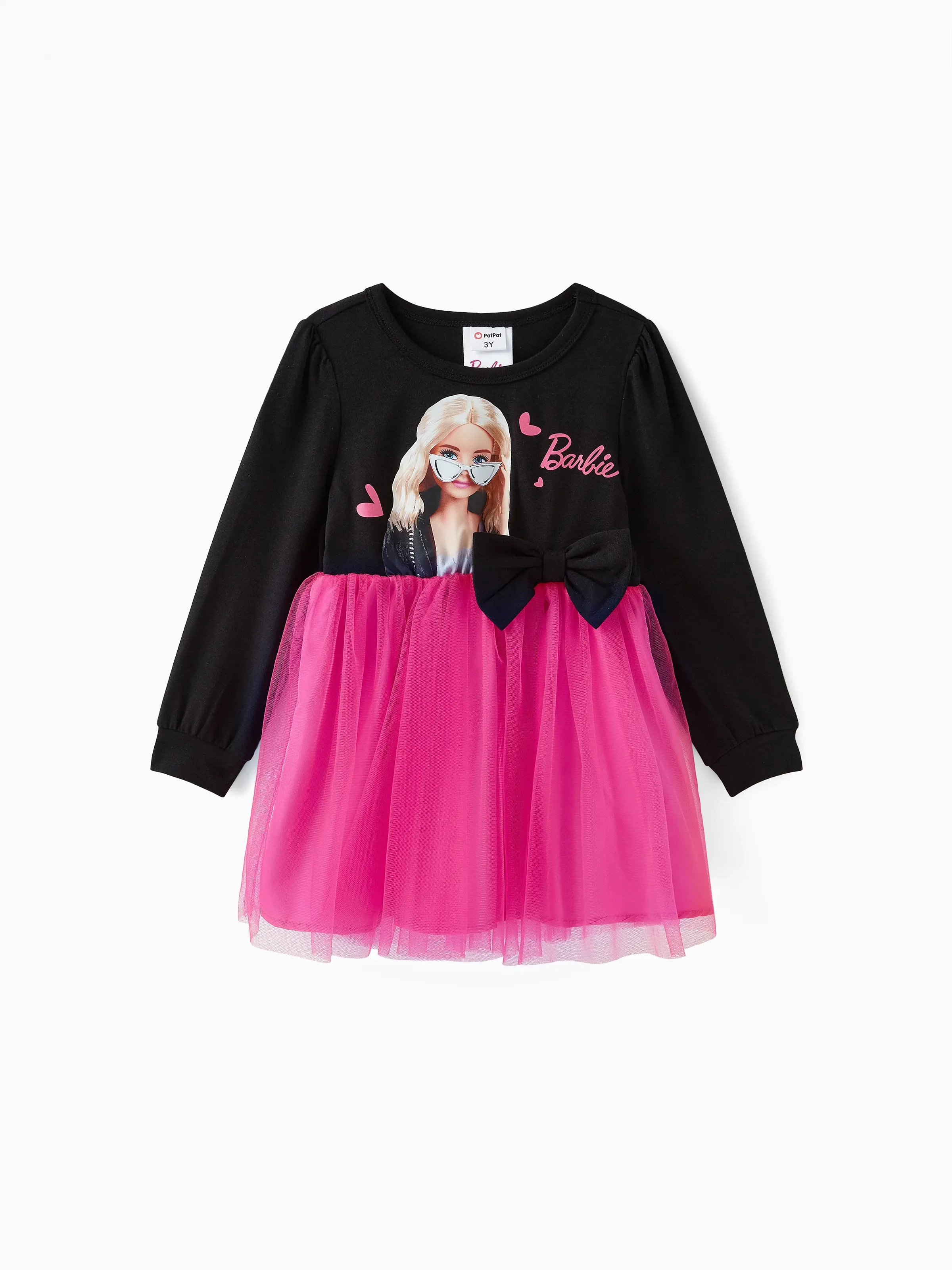 Barbie Toddler Girl Figure Print Bow Decor Long-sleeve Mesh Panel Fairy Dress Rose pink