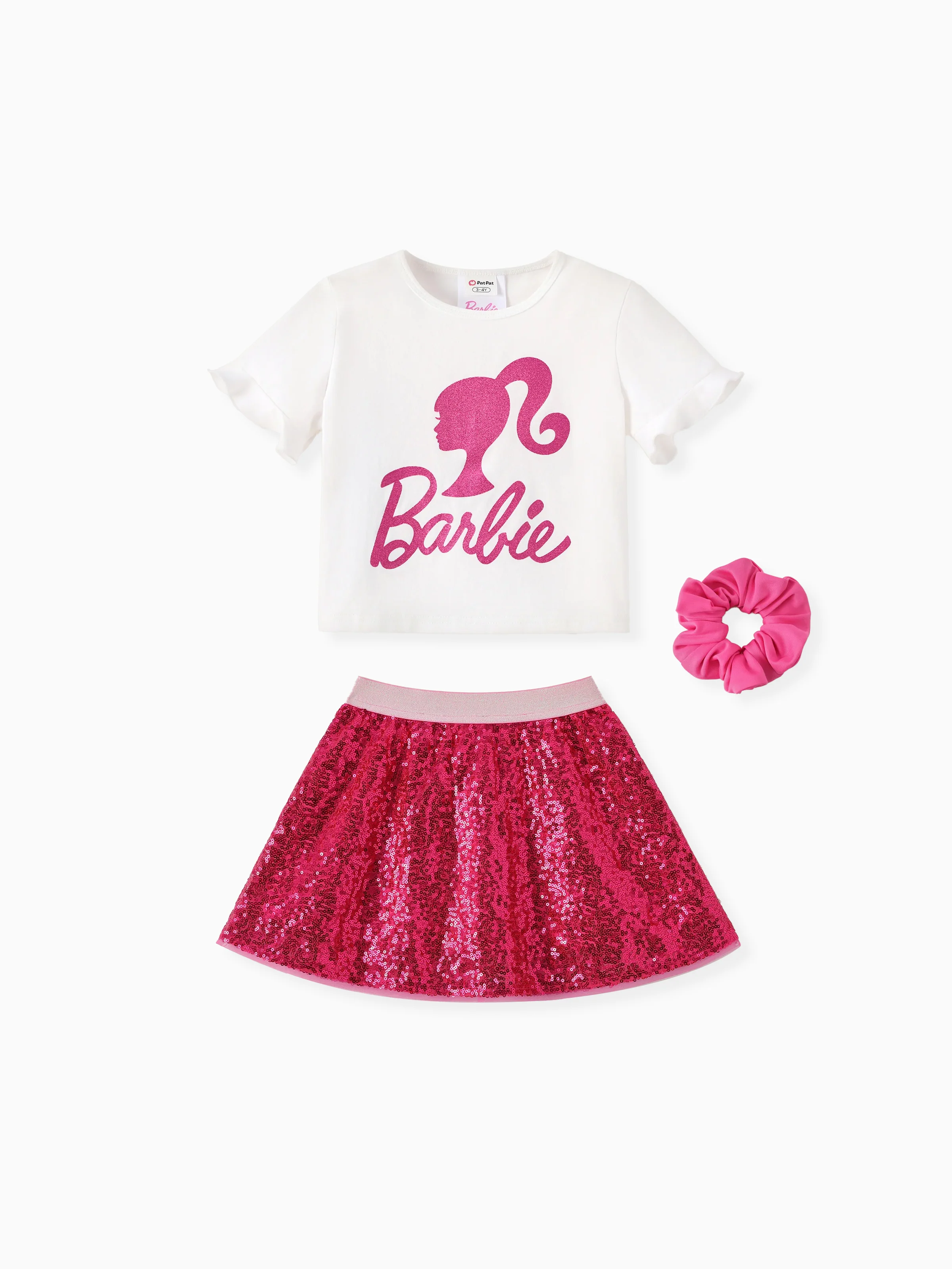 Barbie Toddler/Kid Girl 3pcs Cotton Top and Sequin embroidery Skirt with Headband Set Hot Pink
