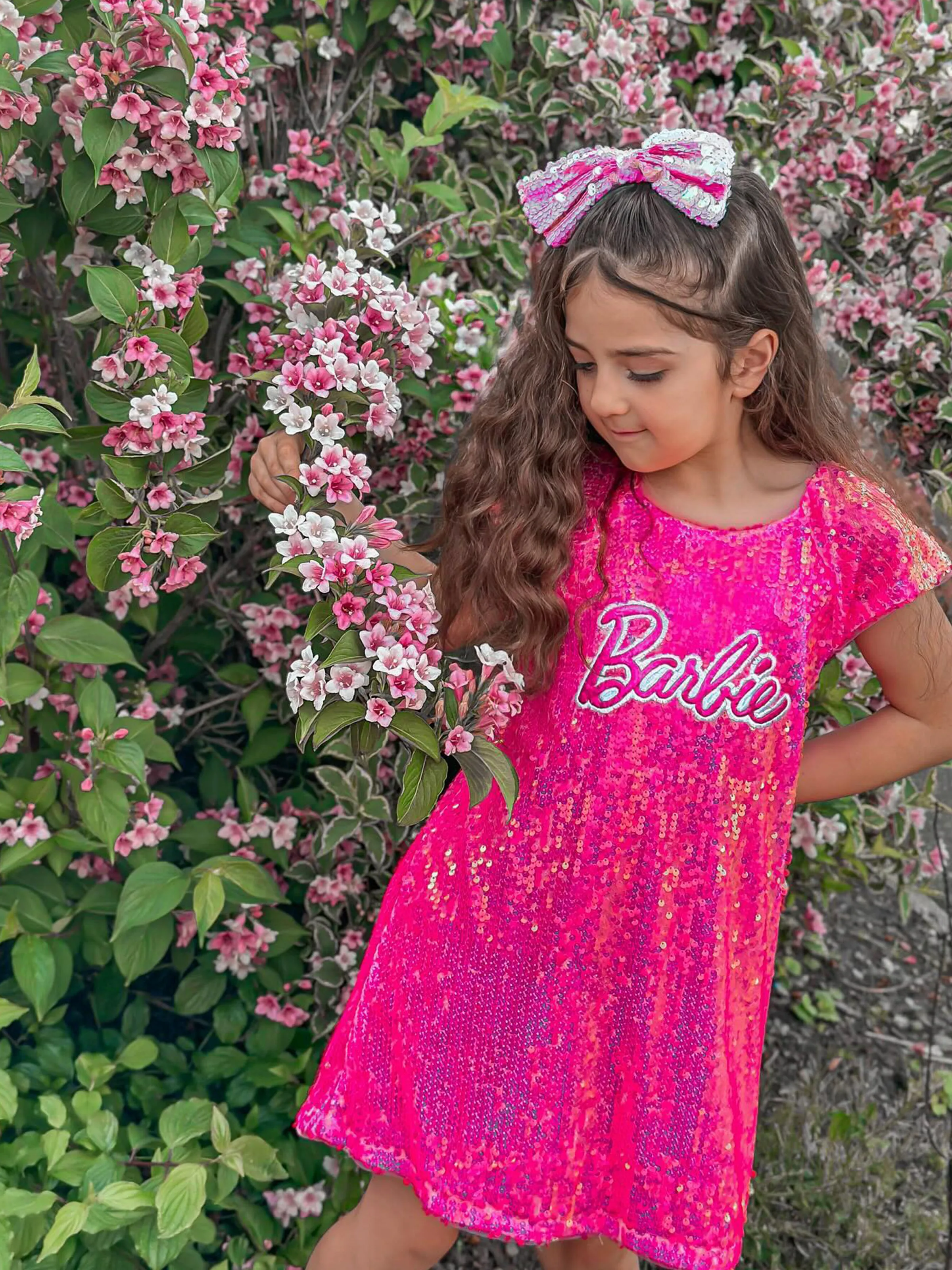 Barbie Toddler/Kid Girl Classic Barbie Letter Print Sequins Flutter-sleeve Dress Roseo - Image 2