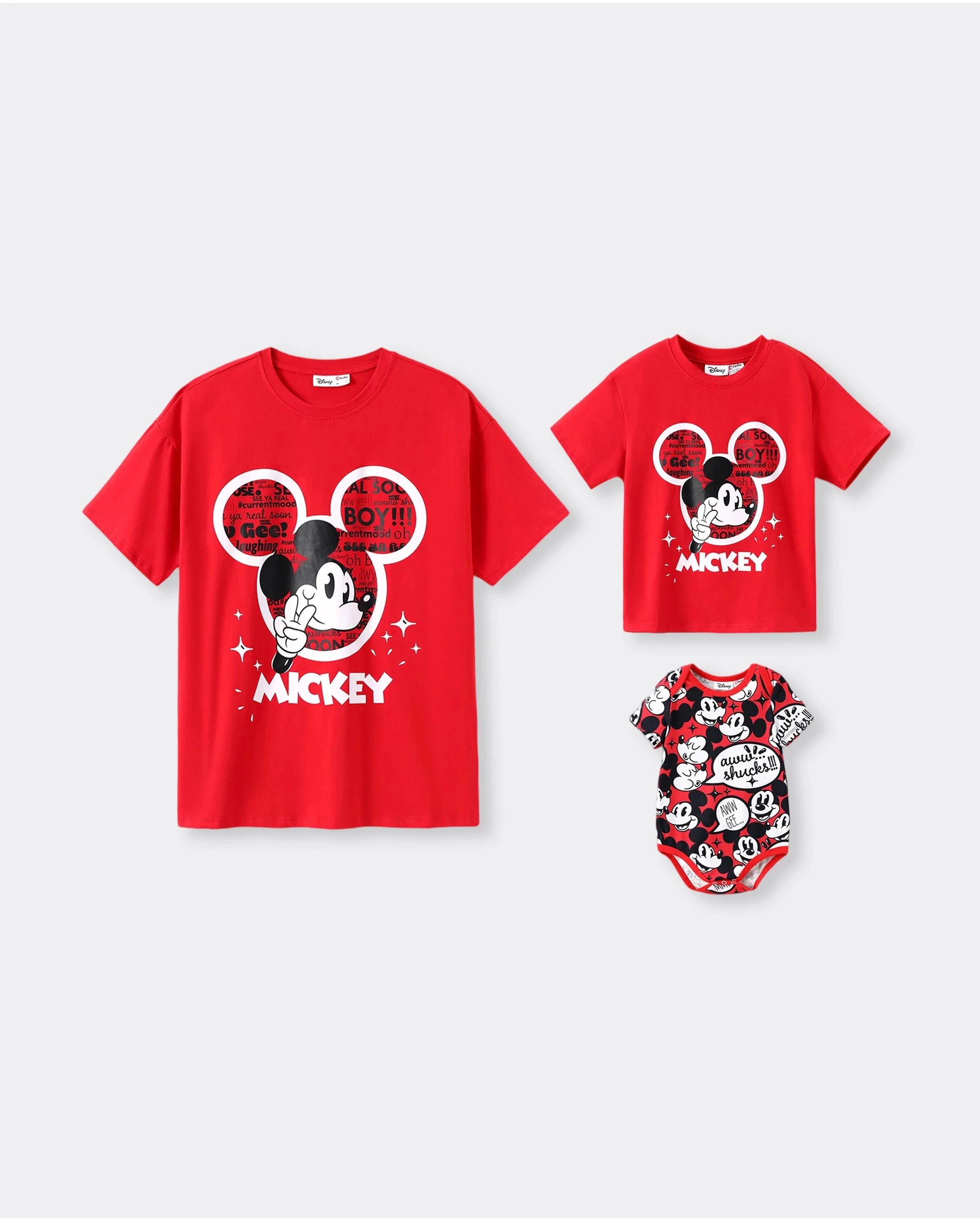 Disney Mickey and Friends Daddy and Me Family matching 1pc Mickey Mouse Graffiti Cotton T-shirt or Colorblock Dress with Built-in Shorts & Pockets or Naia™ Allover Romper Red