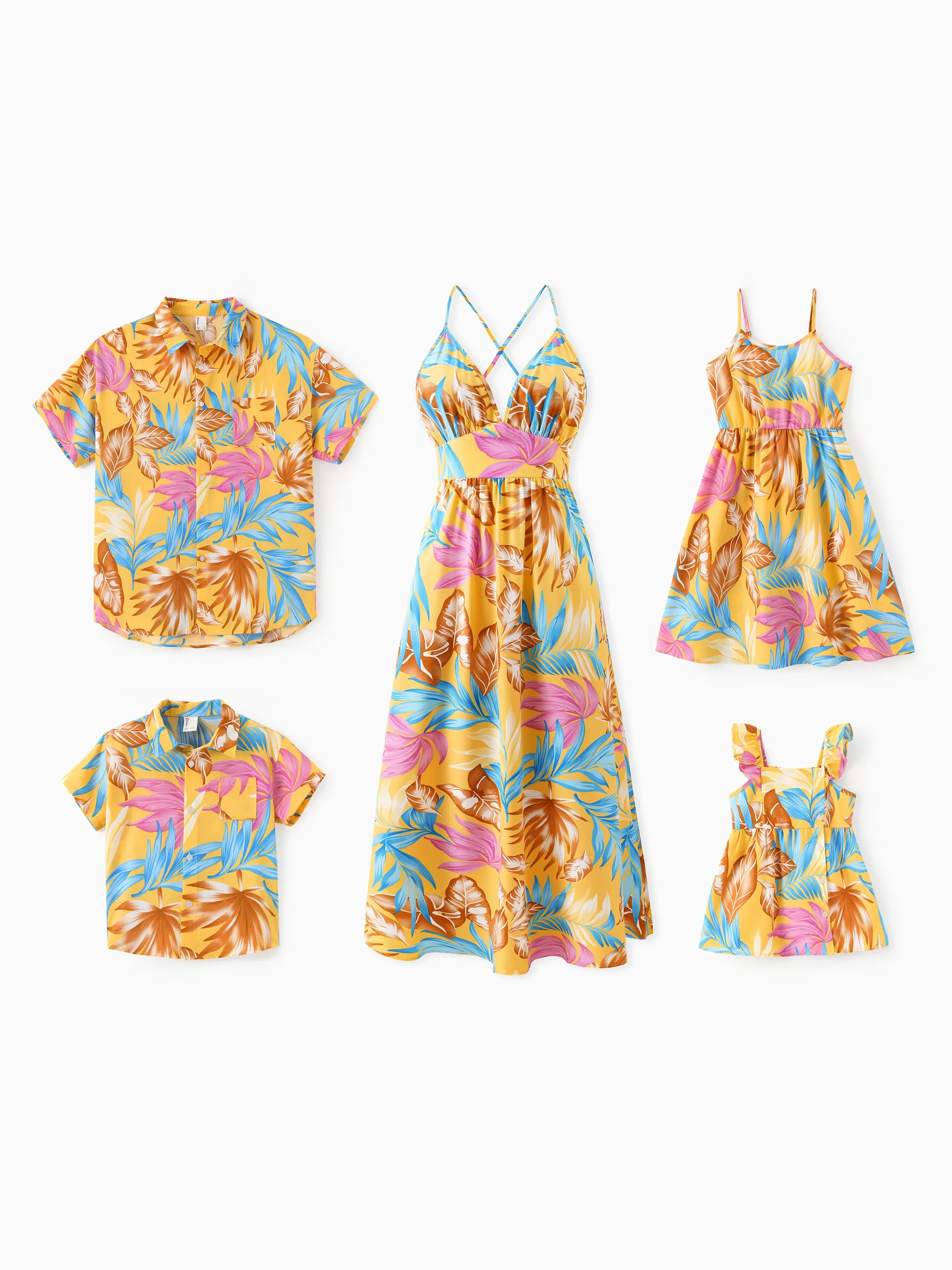 Mommy and Me Family Matching Yellow Set Tropical Leaf Print Short-sleeve Shirt or Strap Dress  Yellow - Image 2