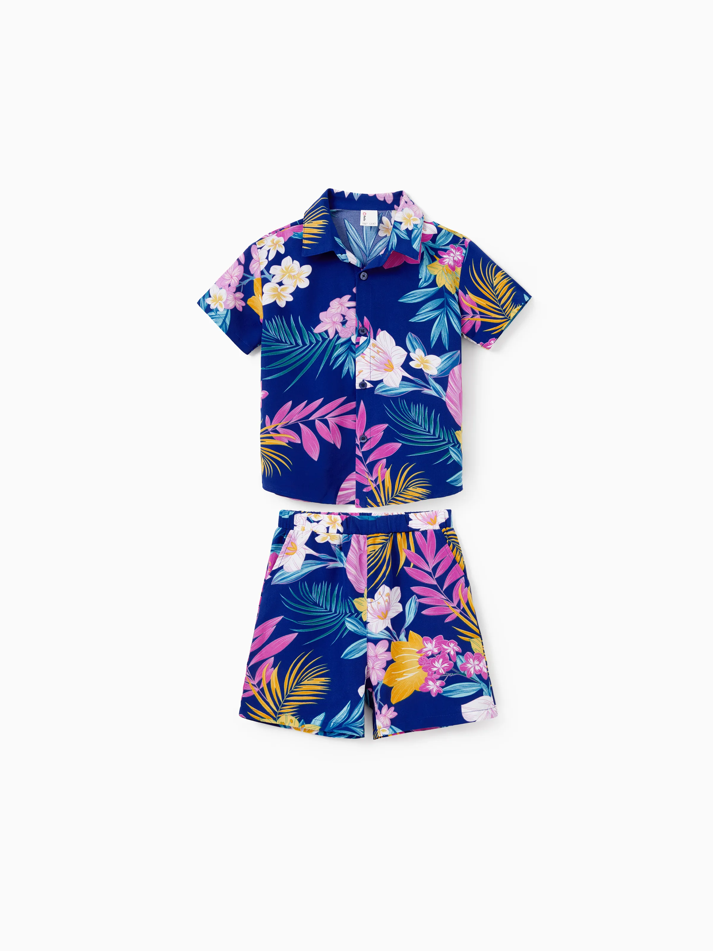Daddy and Me Matching Family Hawaiian Outfits Tropical Floral Print Strap Dress or Short-sleeve Shirts & Shorts Set Summer Beachwear Set for Vacation Deep Blue - Image 12