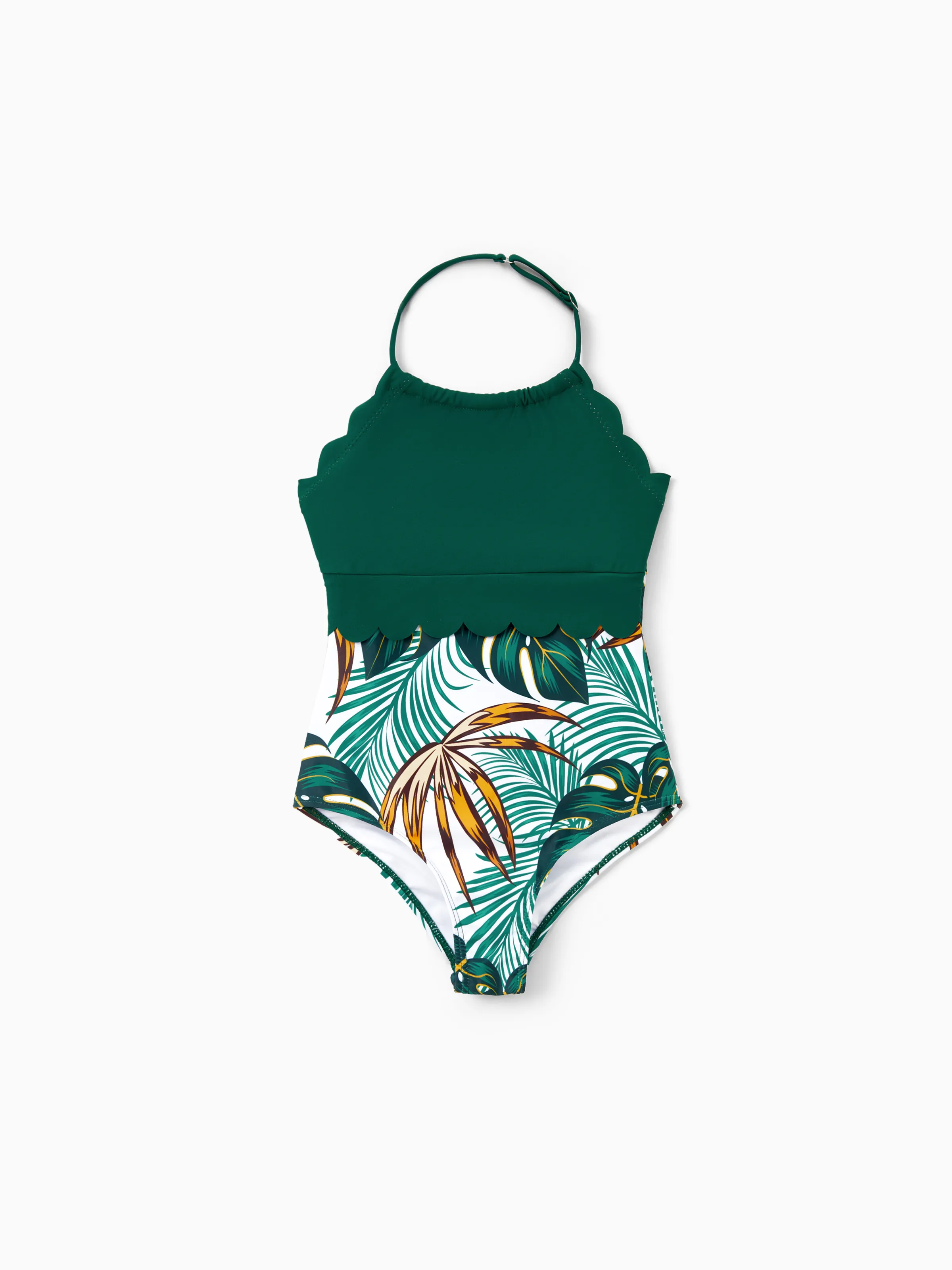 Daddy & Daughter Allover Plants Print Swim Trunks Shorts and Spaghetti Strap Splicing One-Piece Swimsuit Dark Green - Image 10