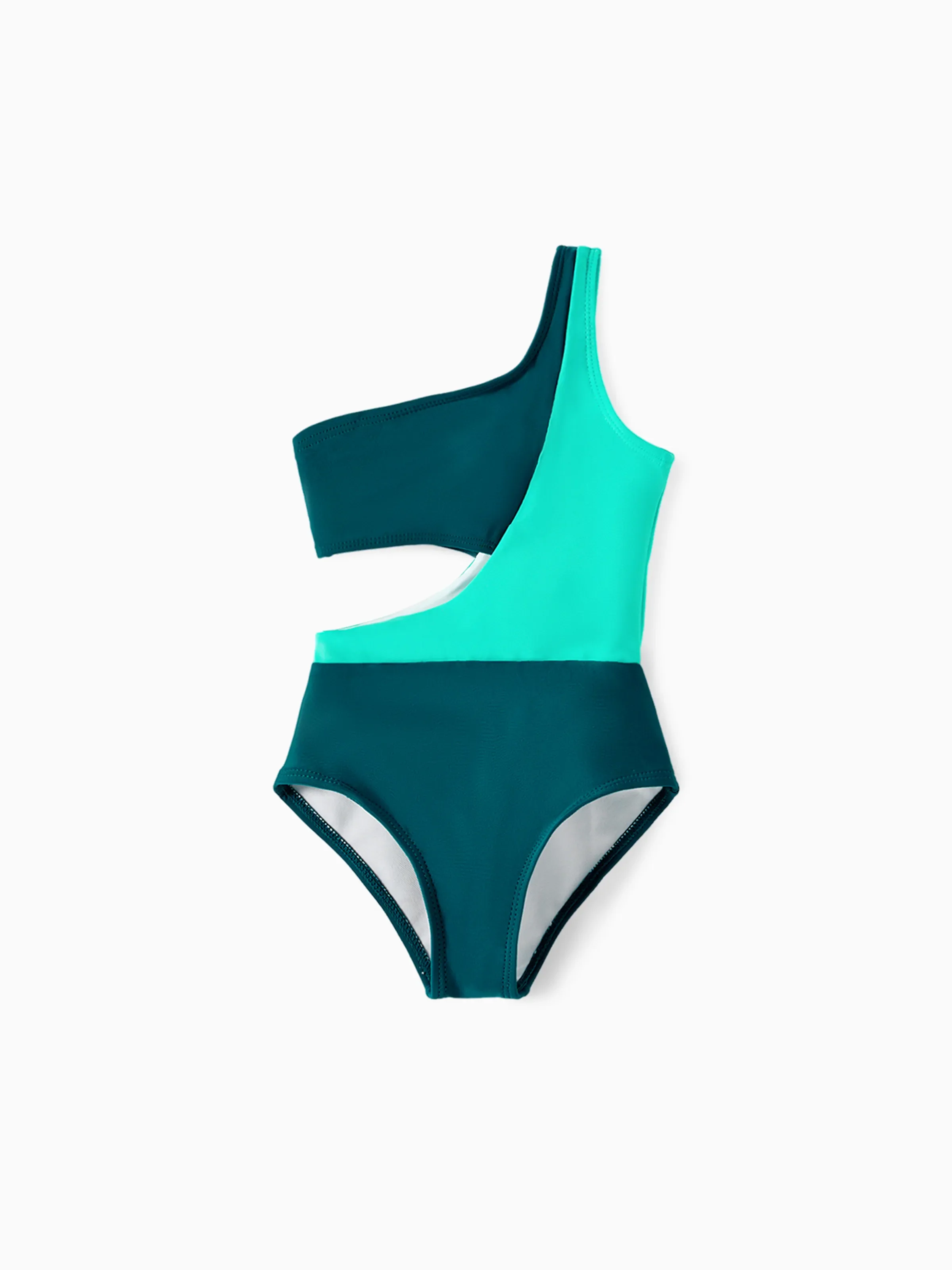 Daddy & Daughter Colorblock One Shoulder Cut Out One-piece Swimsuit and Striped Spliced Swim Trunks Shorts DeepTurquoise - Image 9