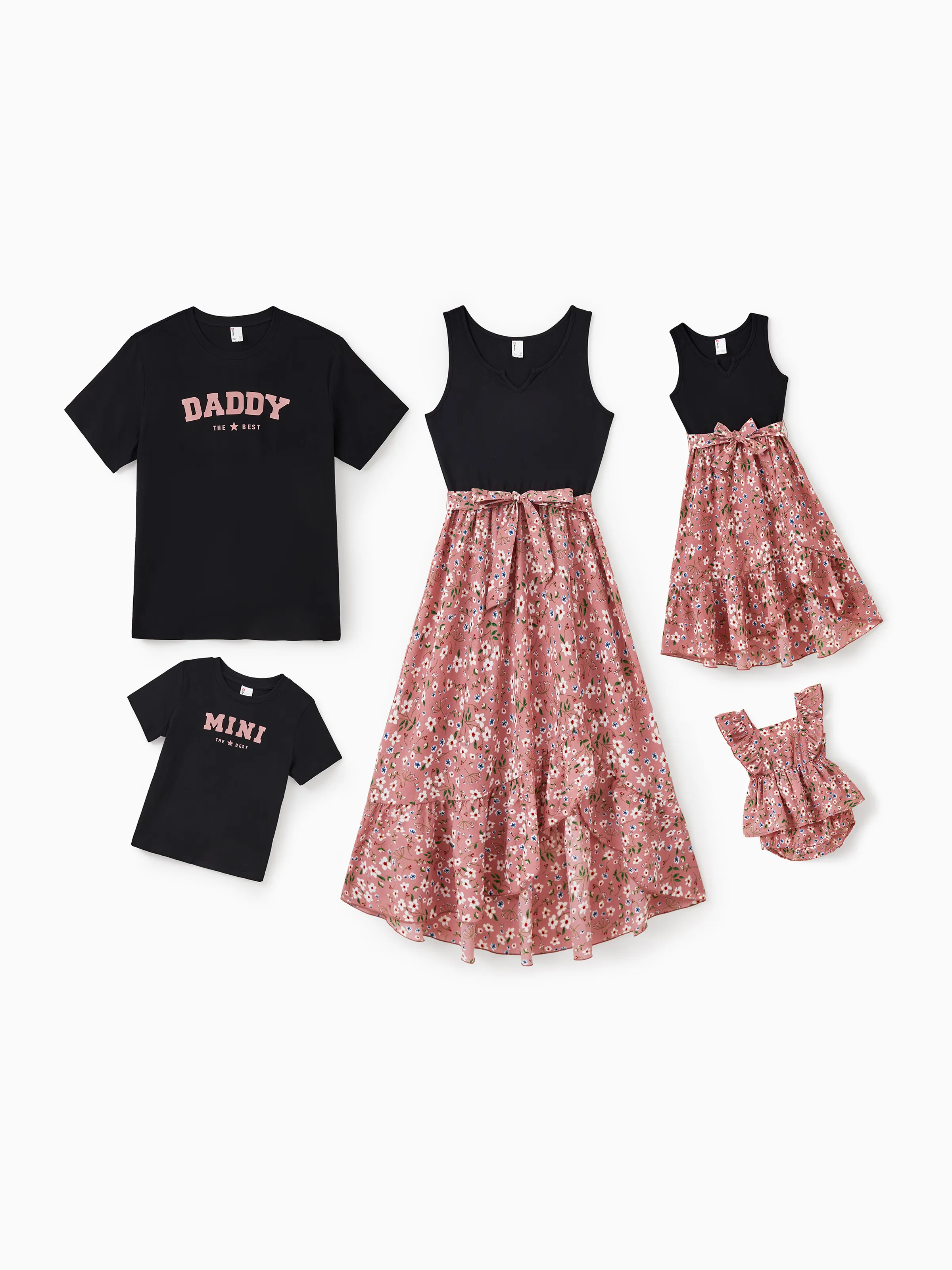 Daddy & Daughter Cotton T-Shirt & Dress Set Daddy / Mini Print Black Tee for Dad and boy, Floral Print splicing Dress for Mom, girl and Baby, Perfect for Summer Family Outings Black - Image 2