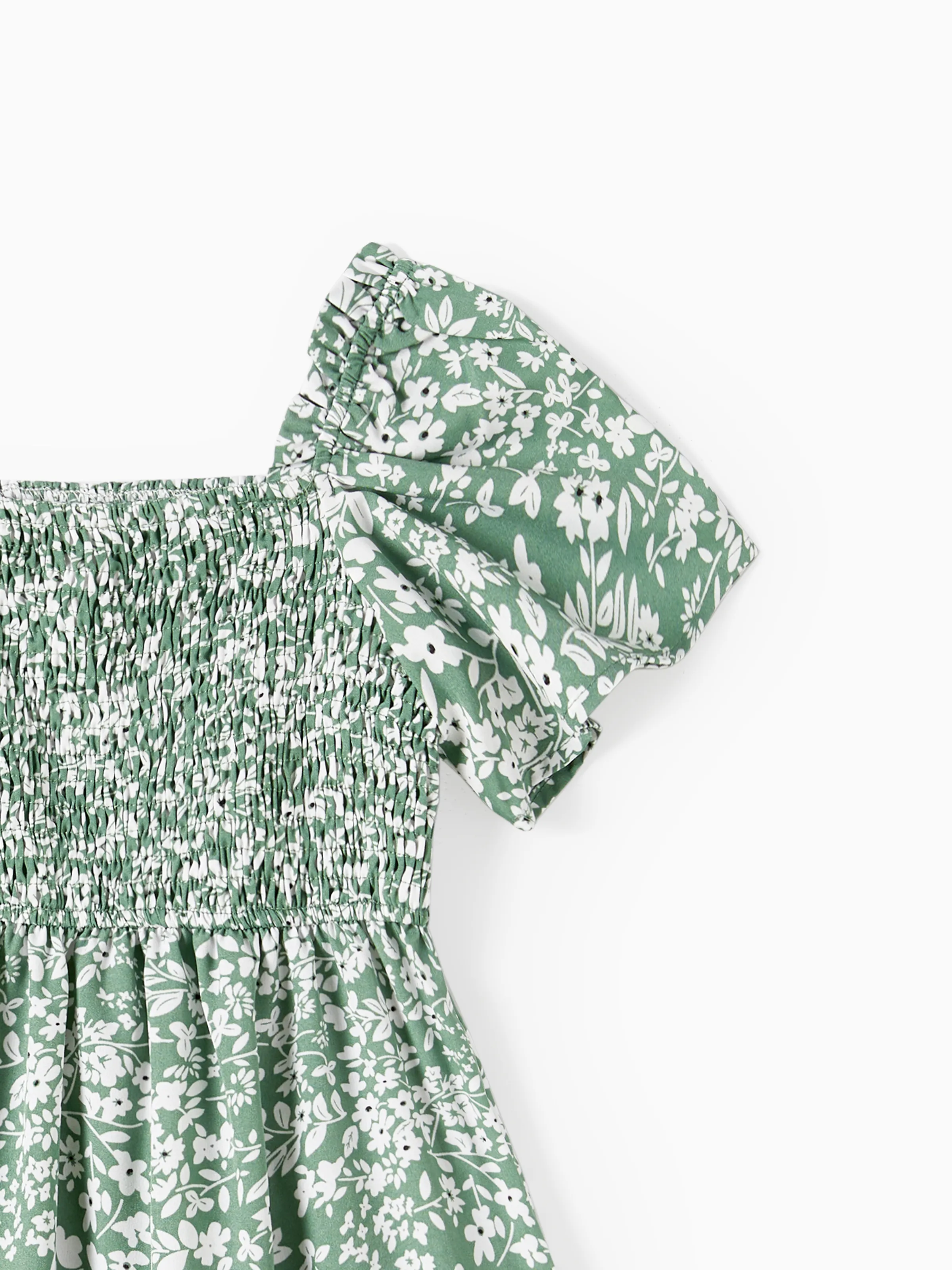 Daddy & Daughter Elegant Broken Flower Matching Outfits for Family, Smocking Design, Medium Thickness Green - Image 12