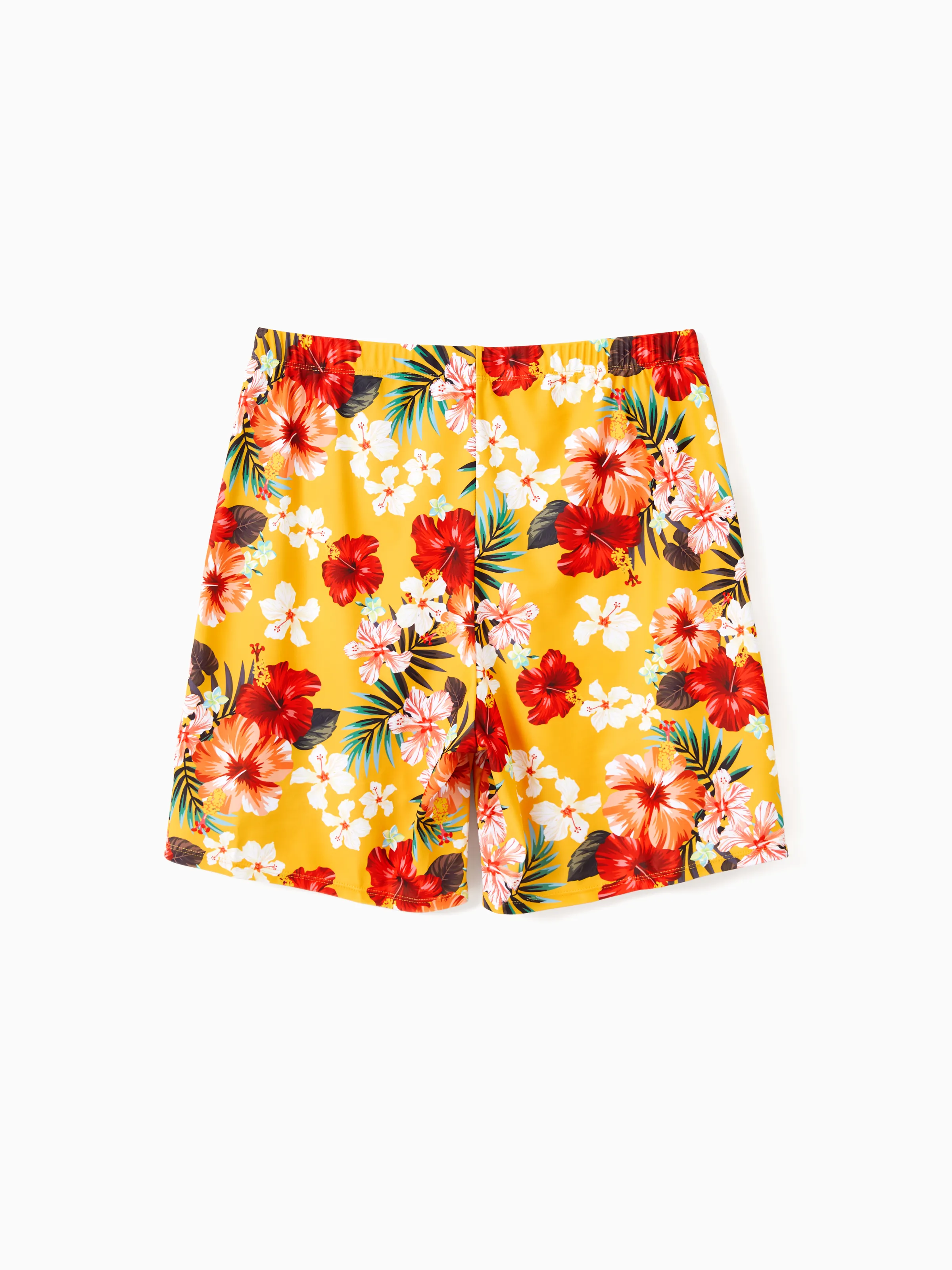 Daddy & Daughter Floral Drawstring Swim Trunks or Flowy Spliced Mesh Swim Dress with Triangle Swim Bottom Yellow - Image 4