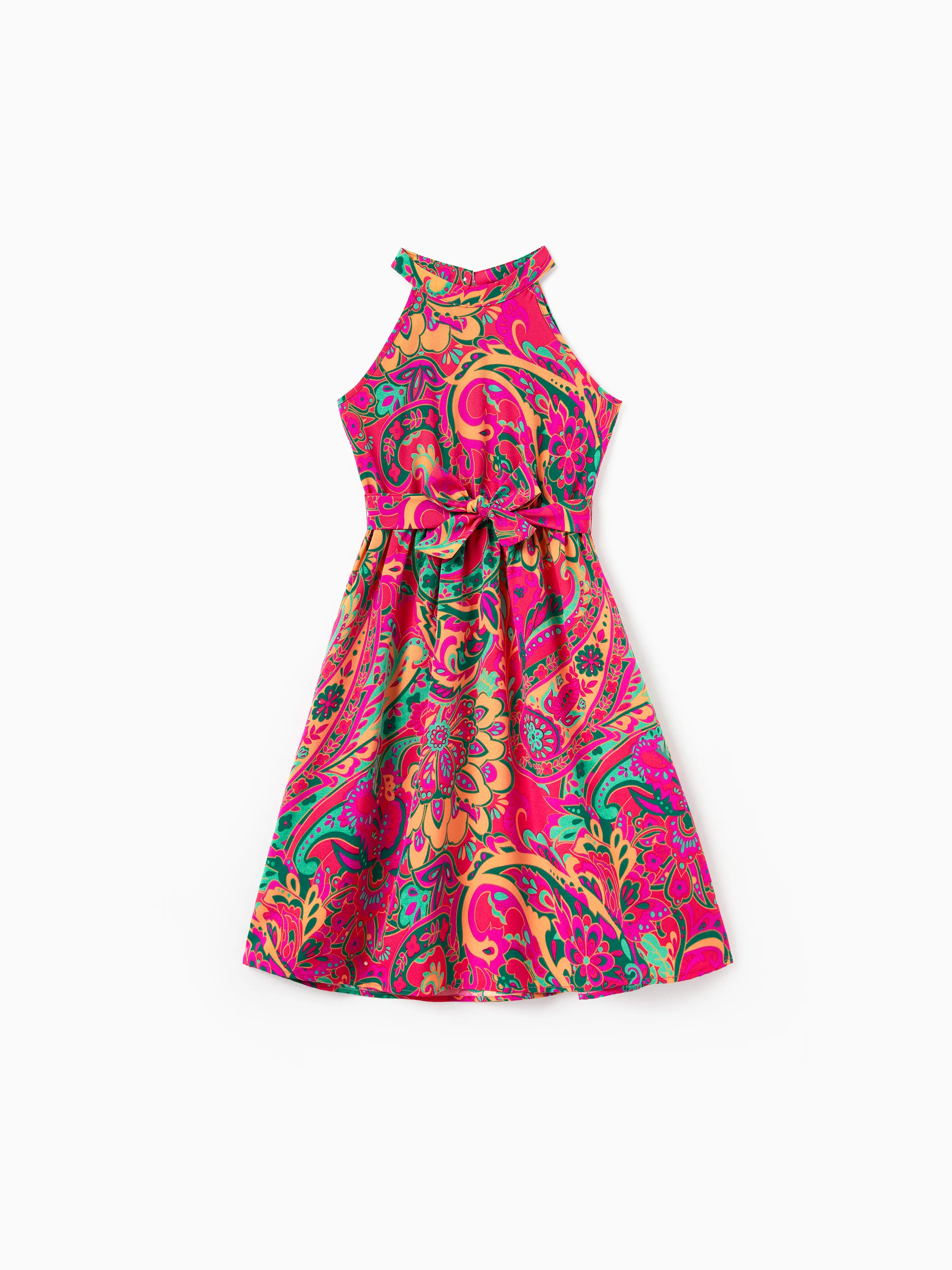 Daddy & Daughter Outfit Set Sleeveless Halter Belted Dress or Short-sleeve Collar Shirt for Summer Vacation Hot Pink - Image 7
