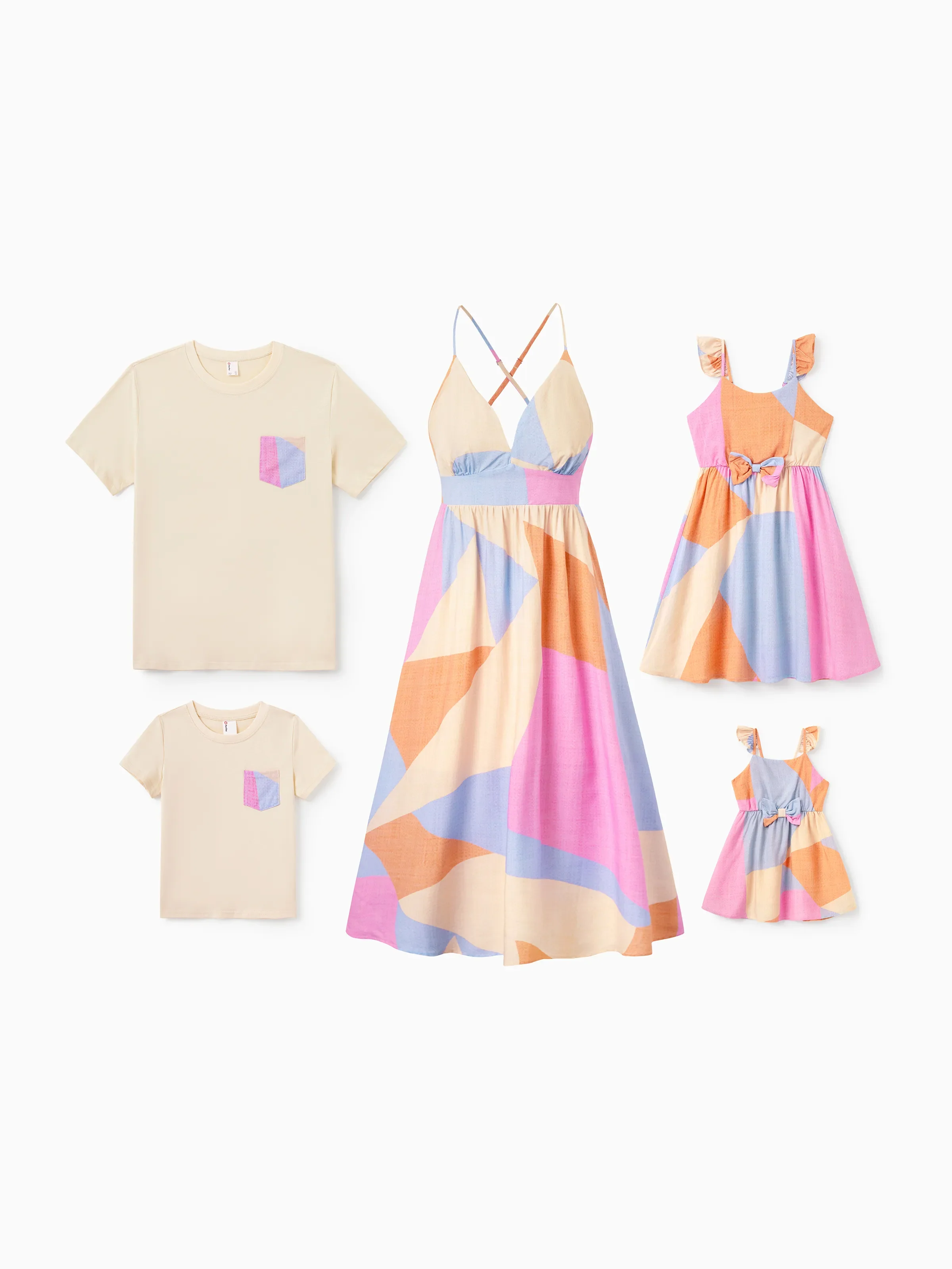 Daddy & Daughter Outfits Set Colorblock Sleeveless Strappy Dress or Short-sleeve T-shirt Multi-color - Image 3
