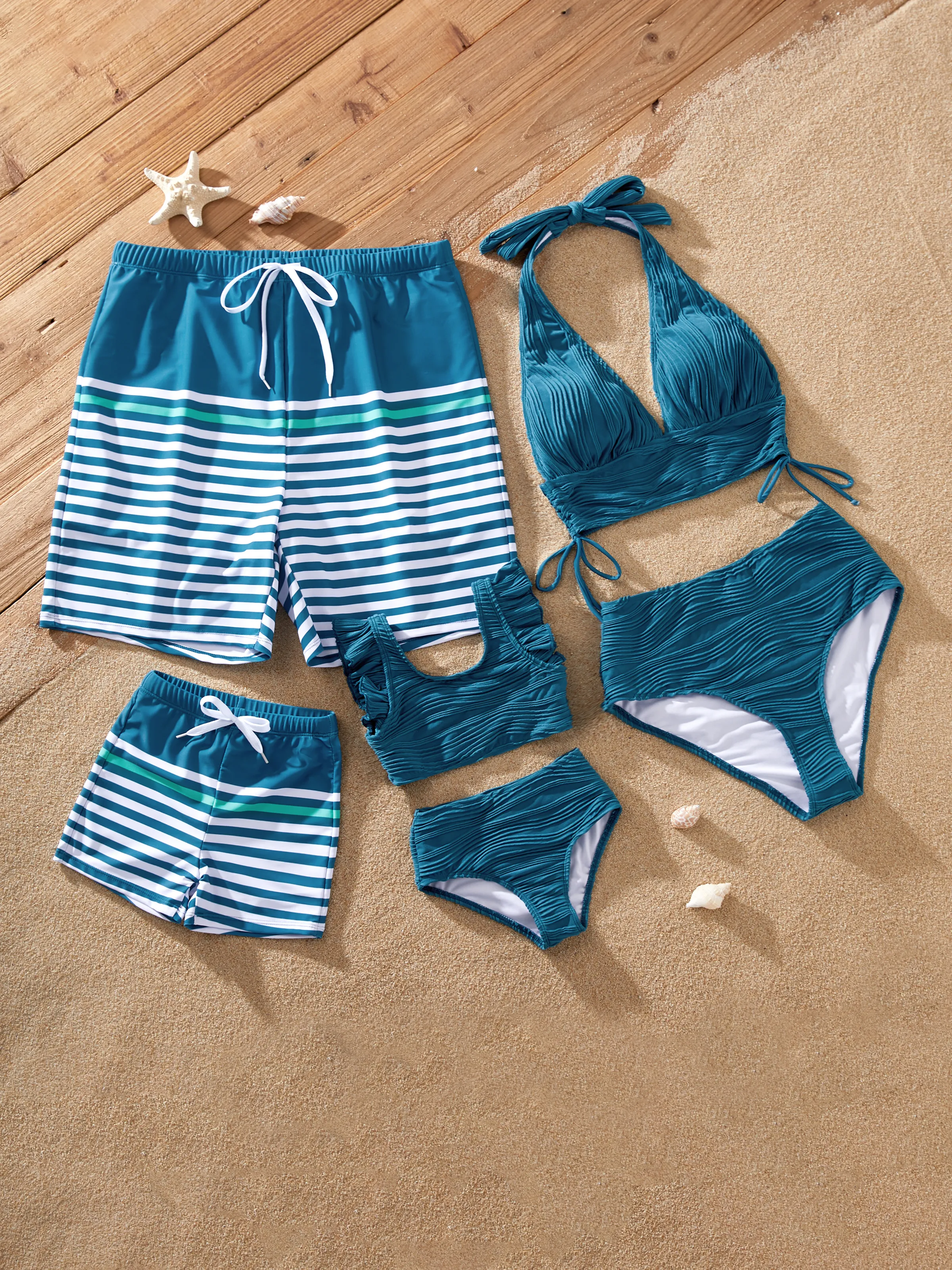 Daddy & Daughter Teal Striped Swimsuits Ruched Bikini & Swim Trunks Set Multi-color - Image 2