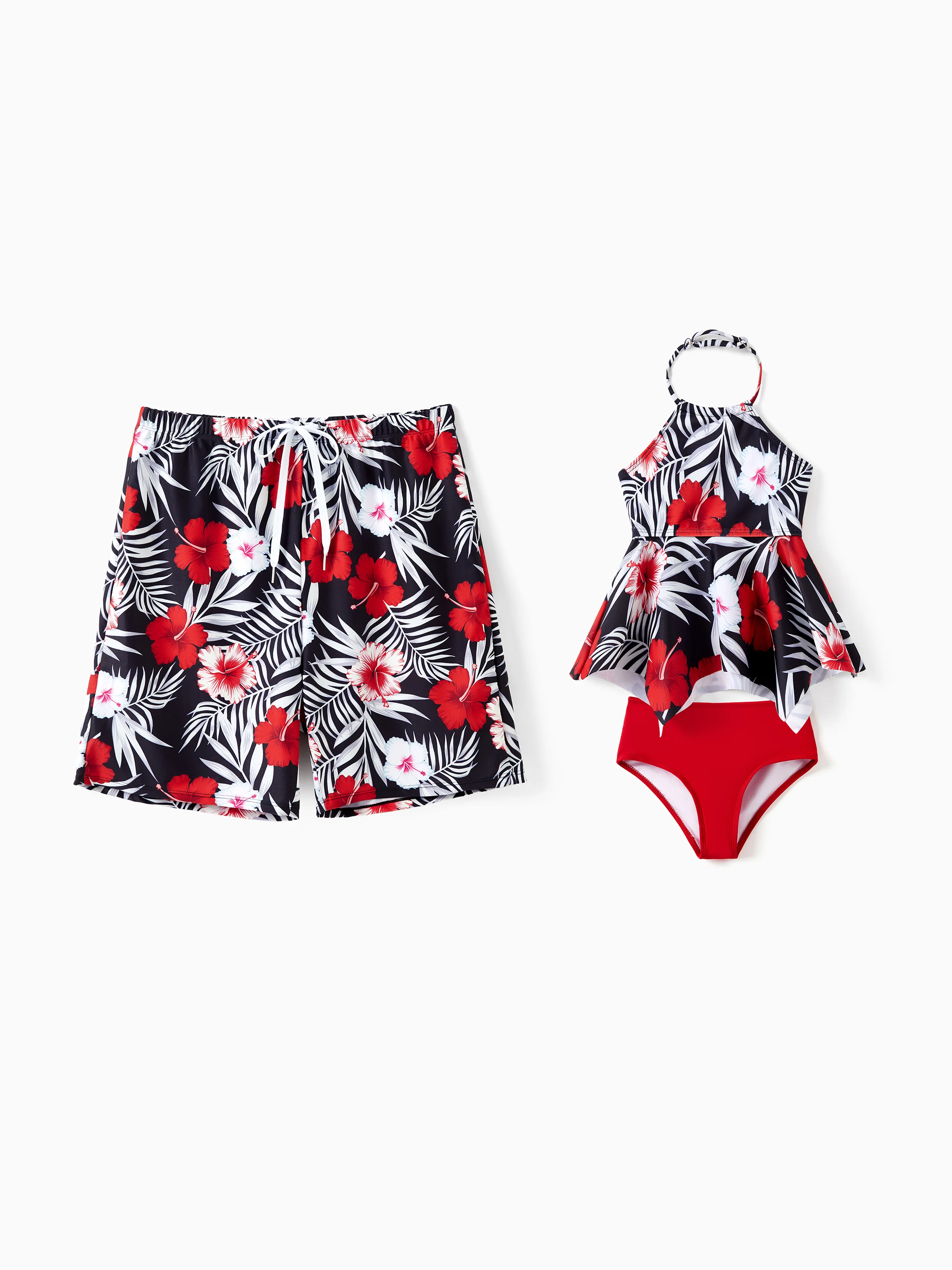 Daddy & Daughter Tropical Floral Swim Trunk or 2 Pieces Halter Swimsuit Black