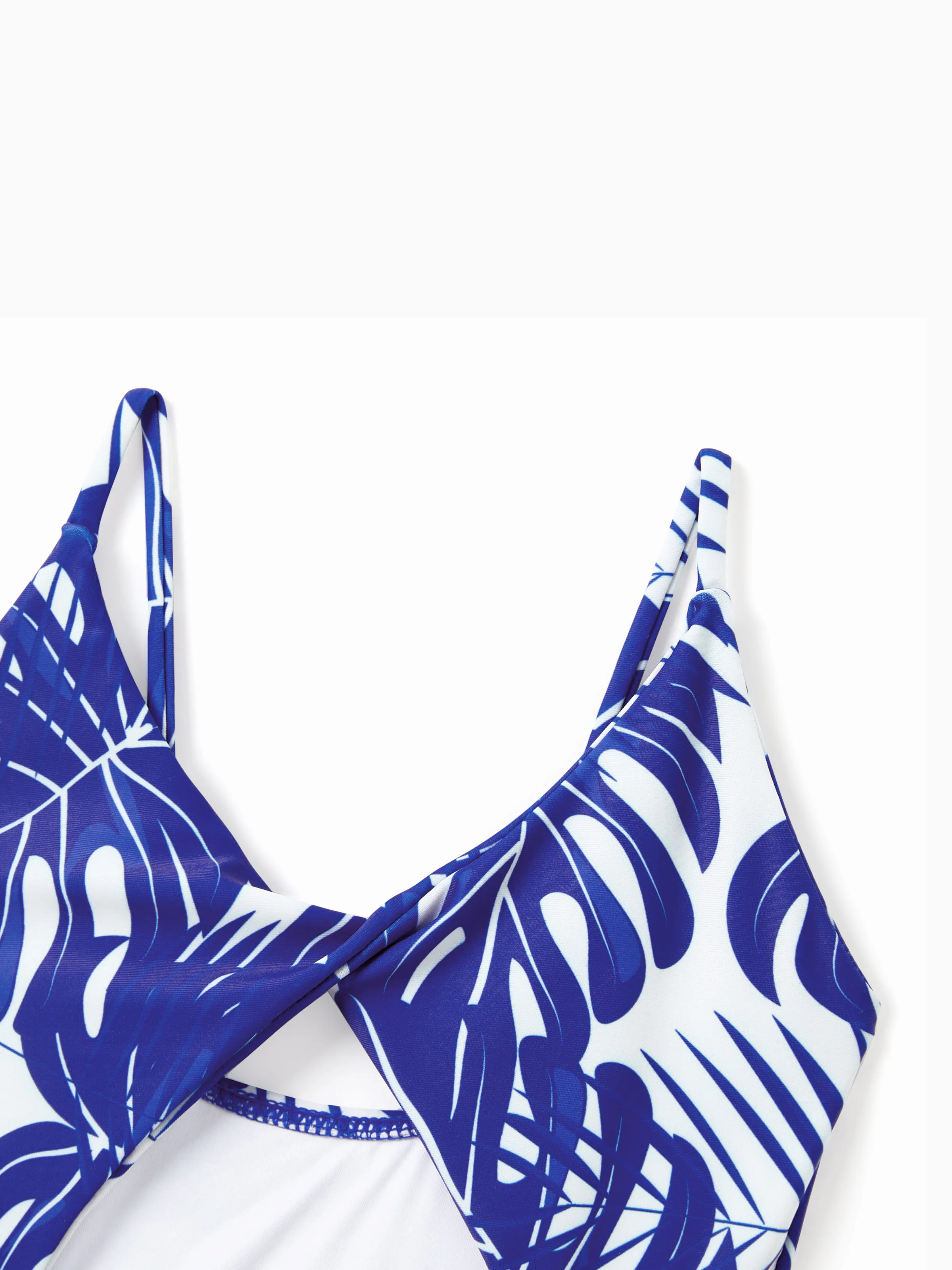 Daddy & Daughter Tropical Leaf Print Swim Trunks or Hollow-out Crisscross Straps One-piece Swimsuit Blue - Image 8