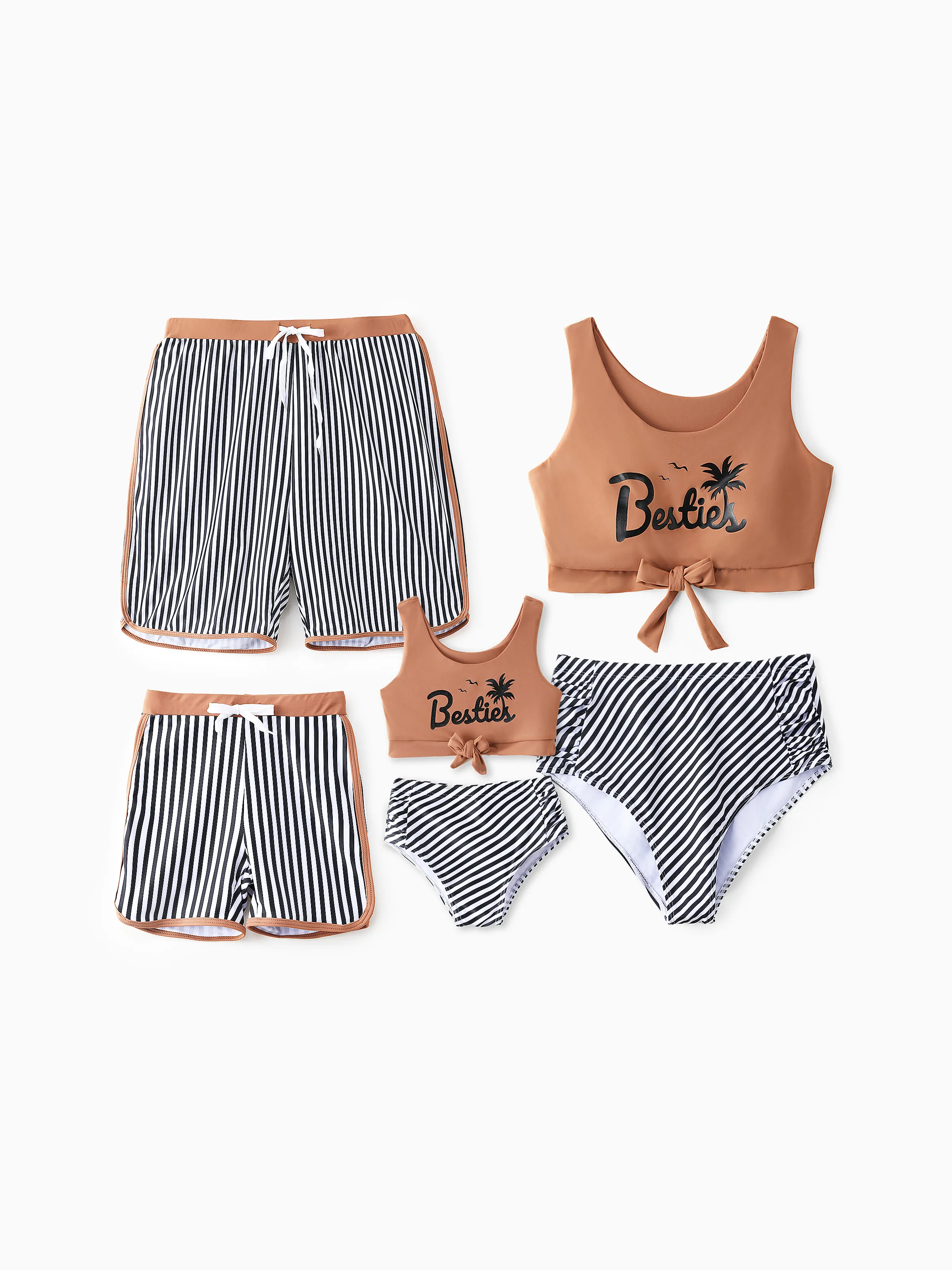 Daddy & Daughter Vertical Stripe Drawstring Swim Drunks or Besties Printed Crop Tank Bikini Khaki - Image 2