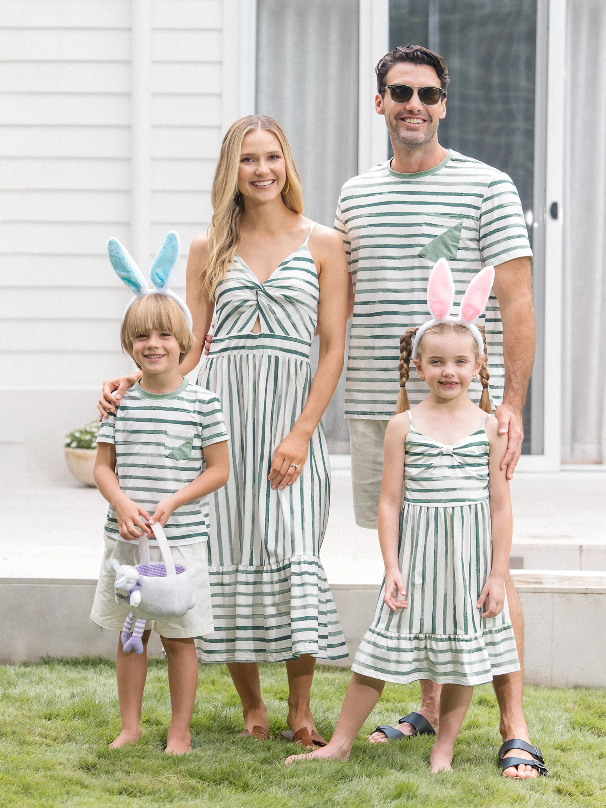 Daddy & Daughter Cotton Outfits Set Green Striped T-Shirt and Dress Set for Dad, Mom, Kids & Baby, Perfect for Summer Family Outings & Photos Green - Image 2