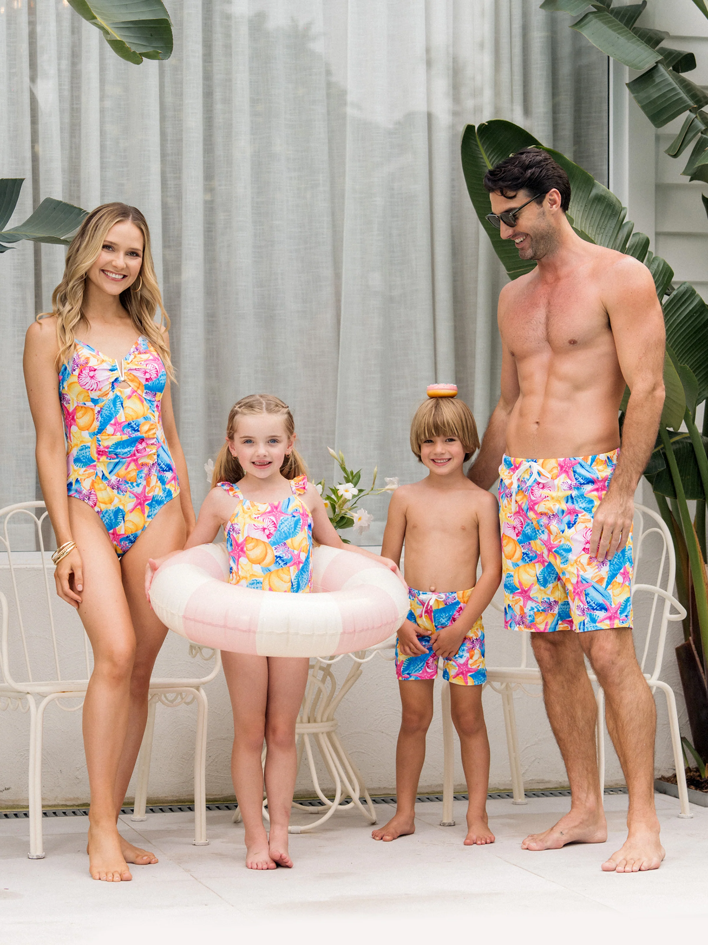 Daddy & Son Seashell & Starfish Print Swimsuits Ruched One-Piece & Swim Trunks Set Multi-color - Image 2