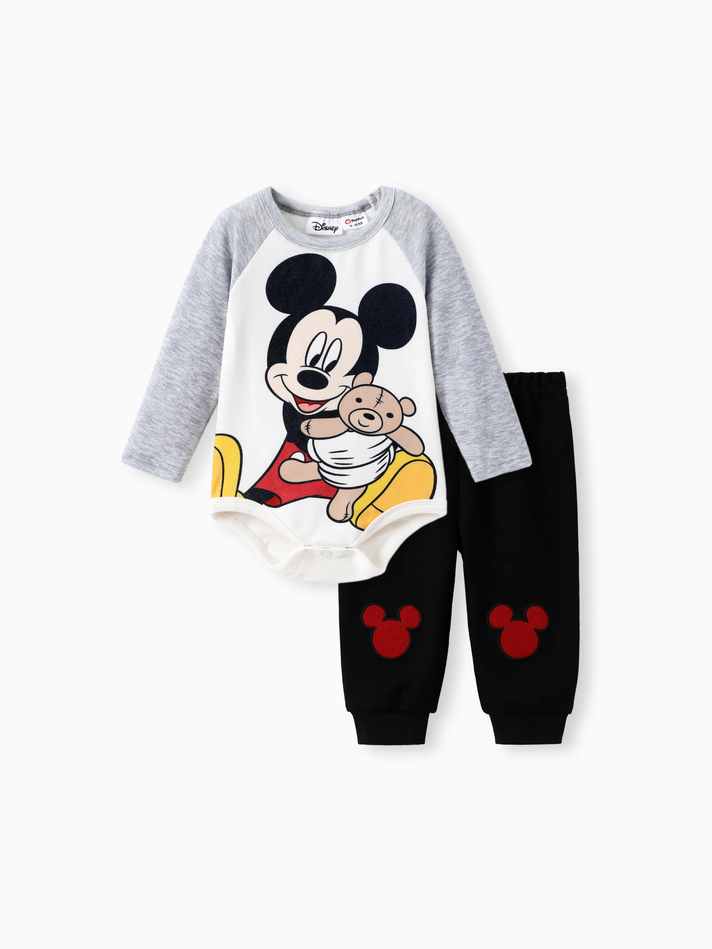 Disney Mickey and Friends Baby Boys 2pcs Naia™ Colorblock Long-sleeve Jumpsuit And Mickey Character Embroidered Pants Set Grey
