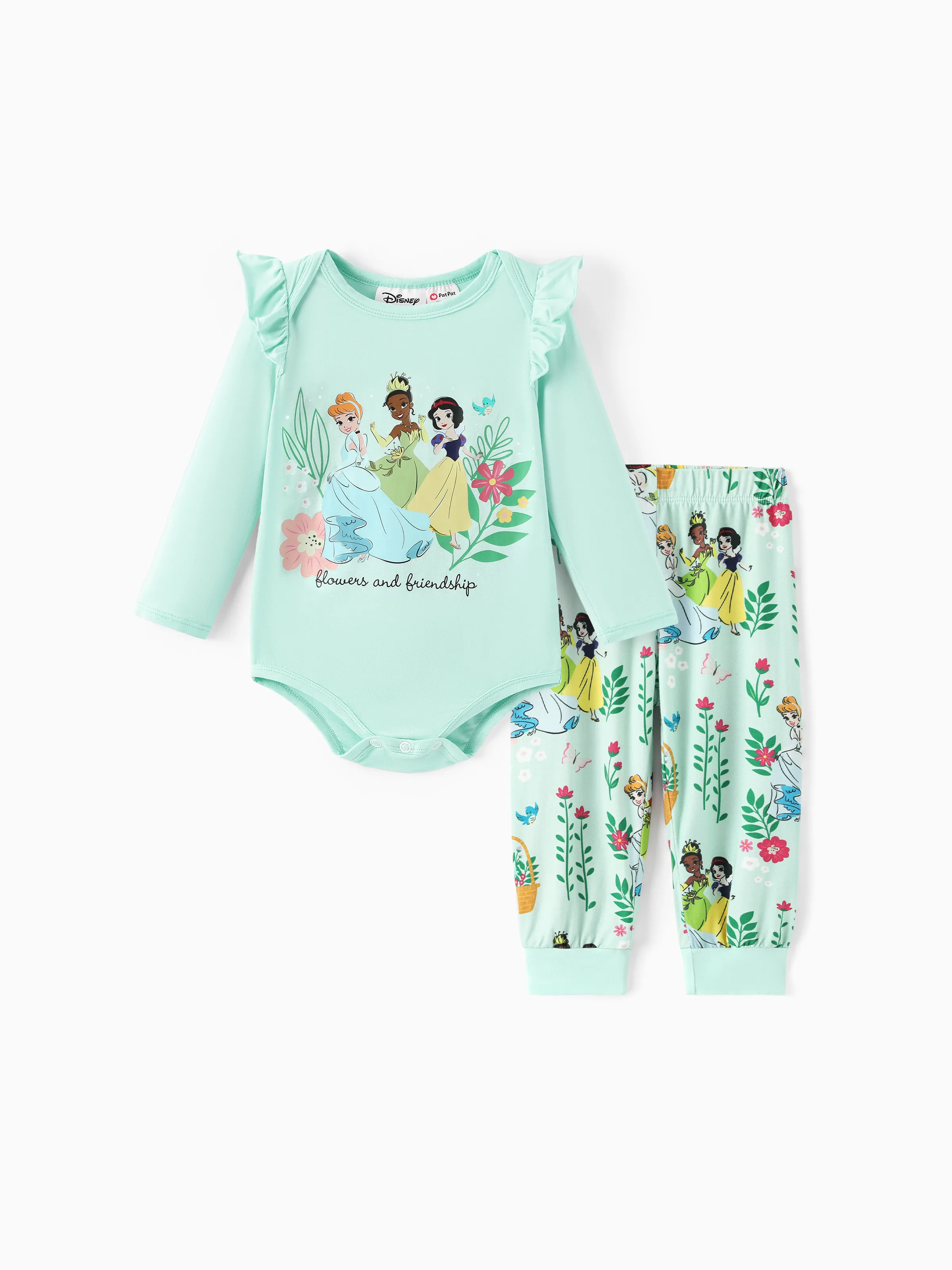 Disney Princess Baby Girl 2pcs Tiana/Cinderella/Snow White Bamboo Ruffle Sleeves Top and Leggings Set Green