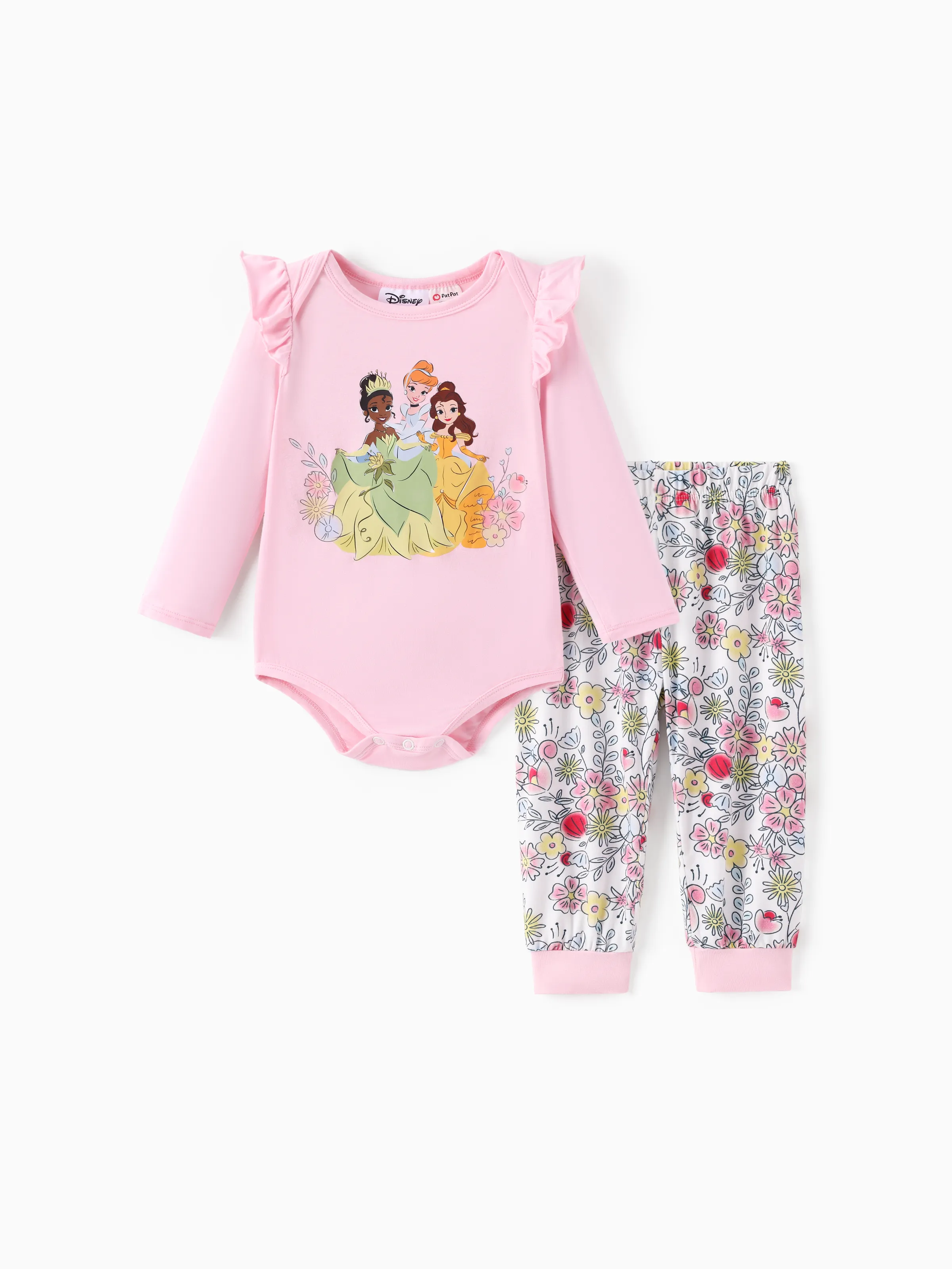 Disney Princess Baby Girl 2pcs Tiana/Cinderella/Belle Bamboo Ruffle Sleeves Top and Leggings Set Pink