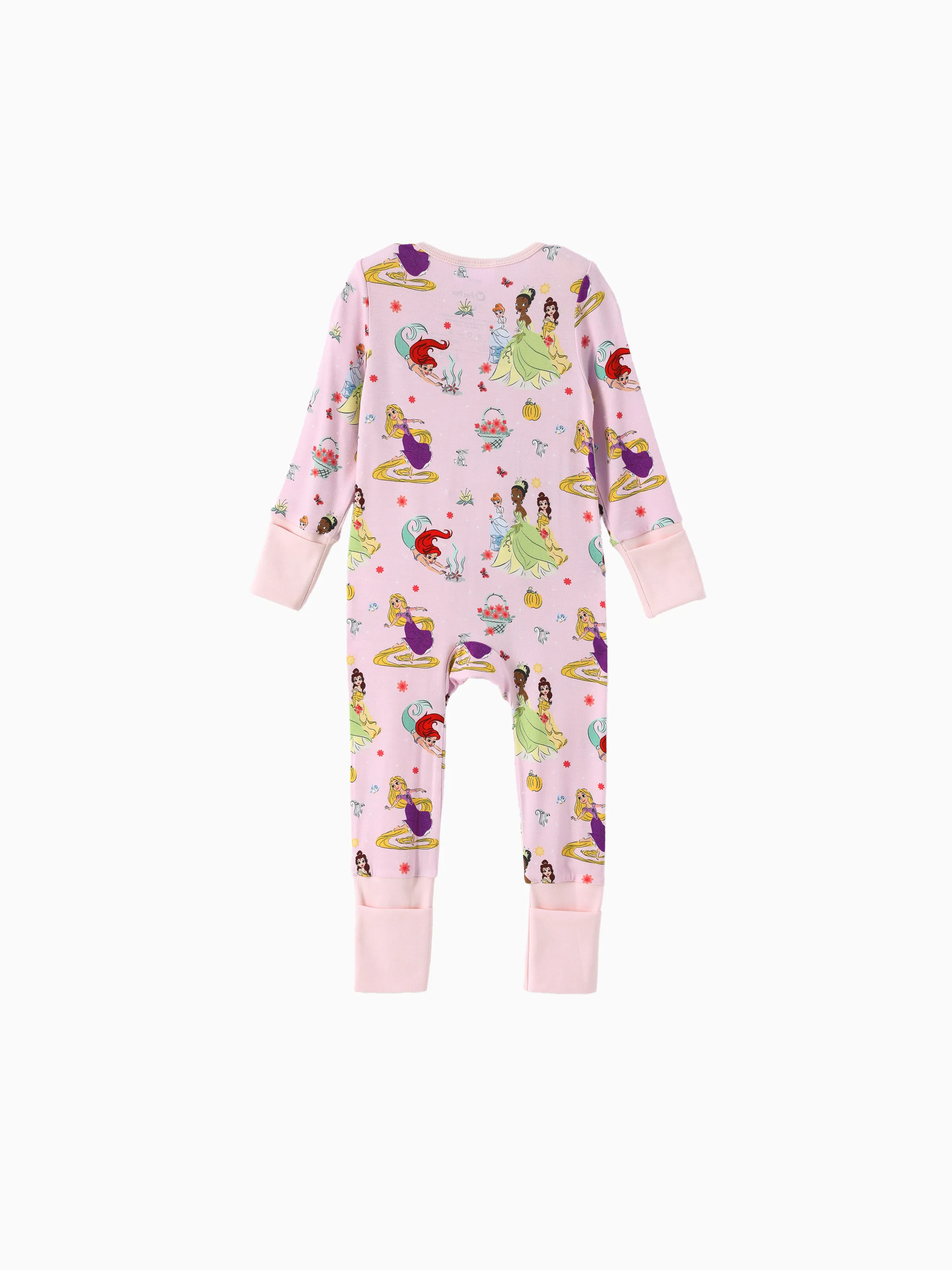 Disney Princess Bamboo Baby Girl Ariel/Belle/Tiana 2-Way Zip Onesies Anti Slip Long-sleeve Footie Pink - Image 4