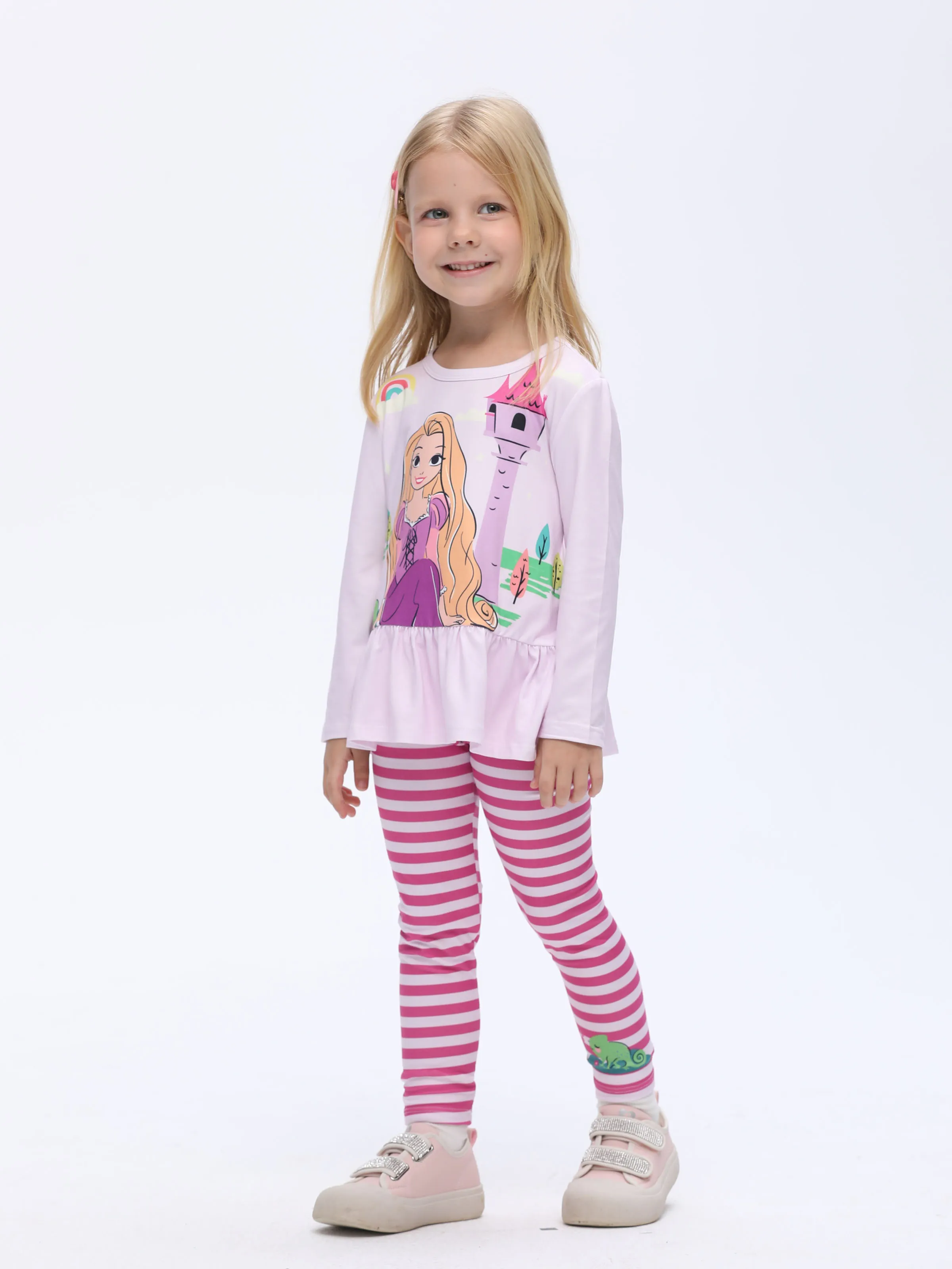 Disney Princess Toddler Girl 2pcs Rapunzel Print Peplum Tee and Stripe Pants Set Light Purple - Image 2