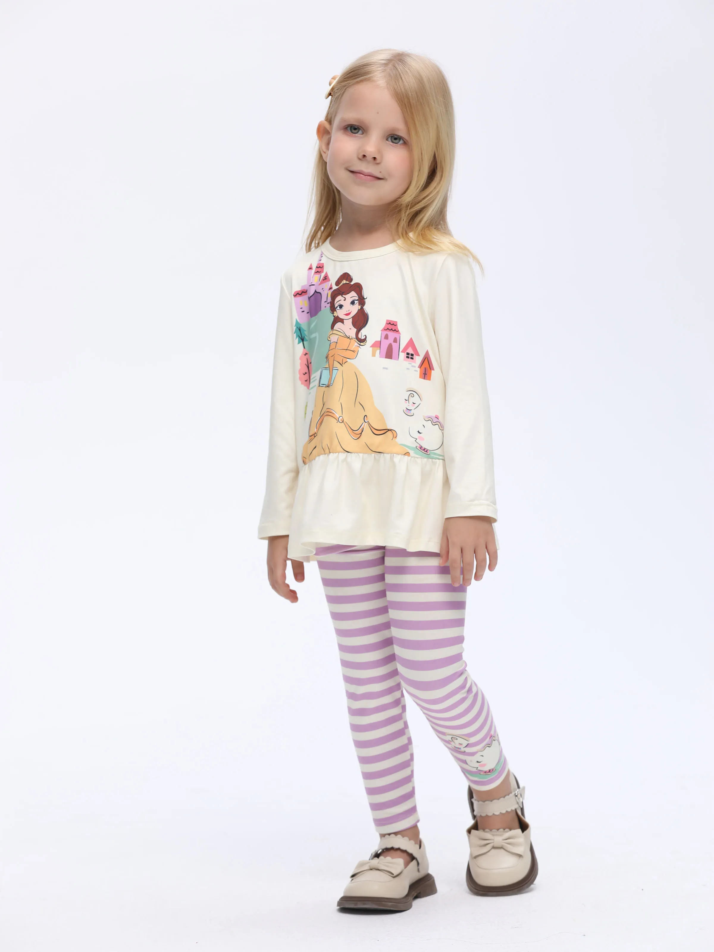 Disney Princess Toddler Girl 2pcs Belle Print Peplum Tee and Stripe Pants Set Yellow - Image 2