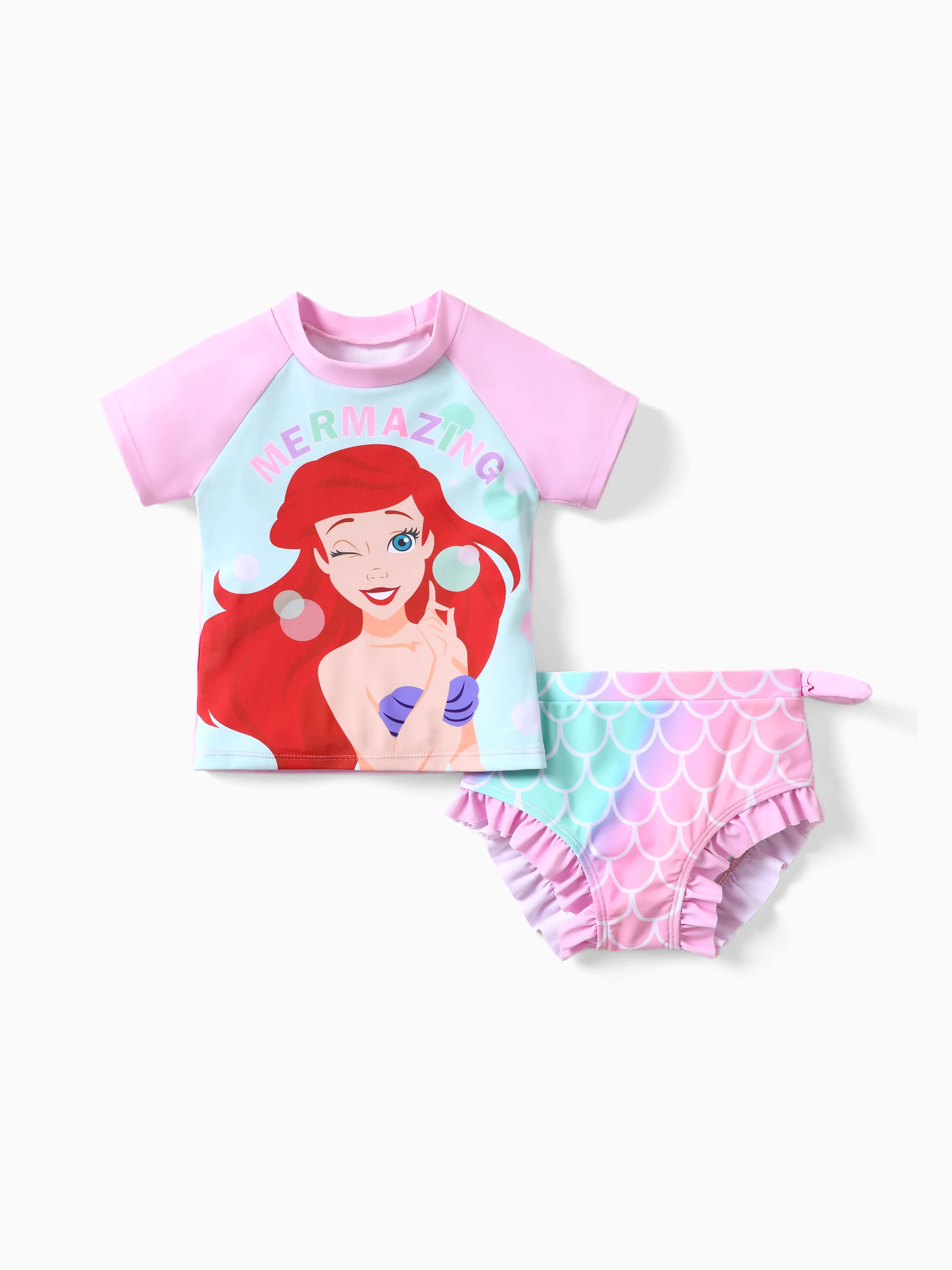 Disney Princess Toddler Girl Ariel 2pcs Rash Guard Swimsuit Pink