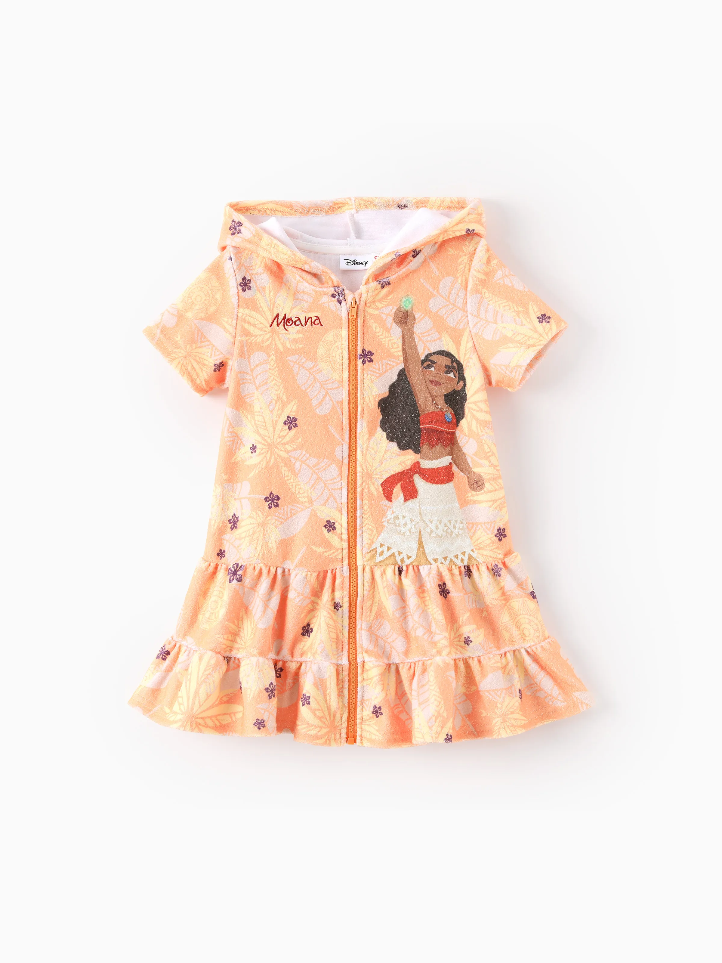 Disney Princess Toddler/Kid Girl Moana Palm Allover Print Hooded Zipper Ruffle-hem Swim Cover-up Orange