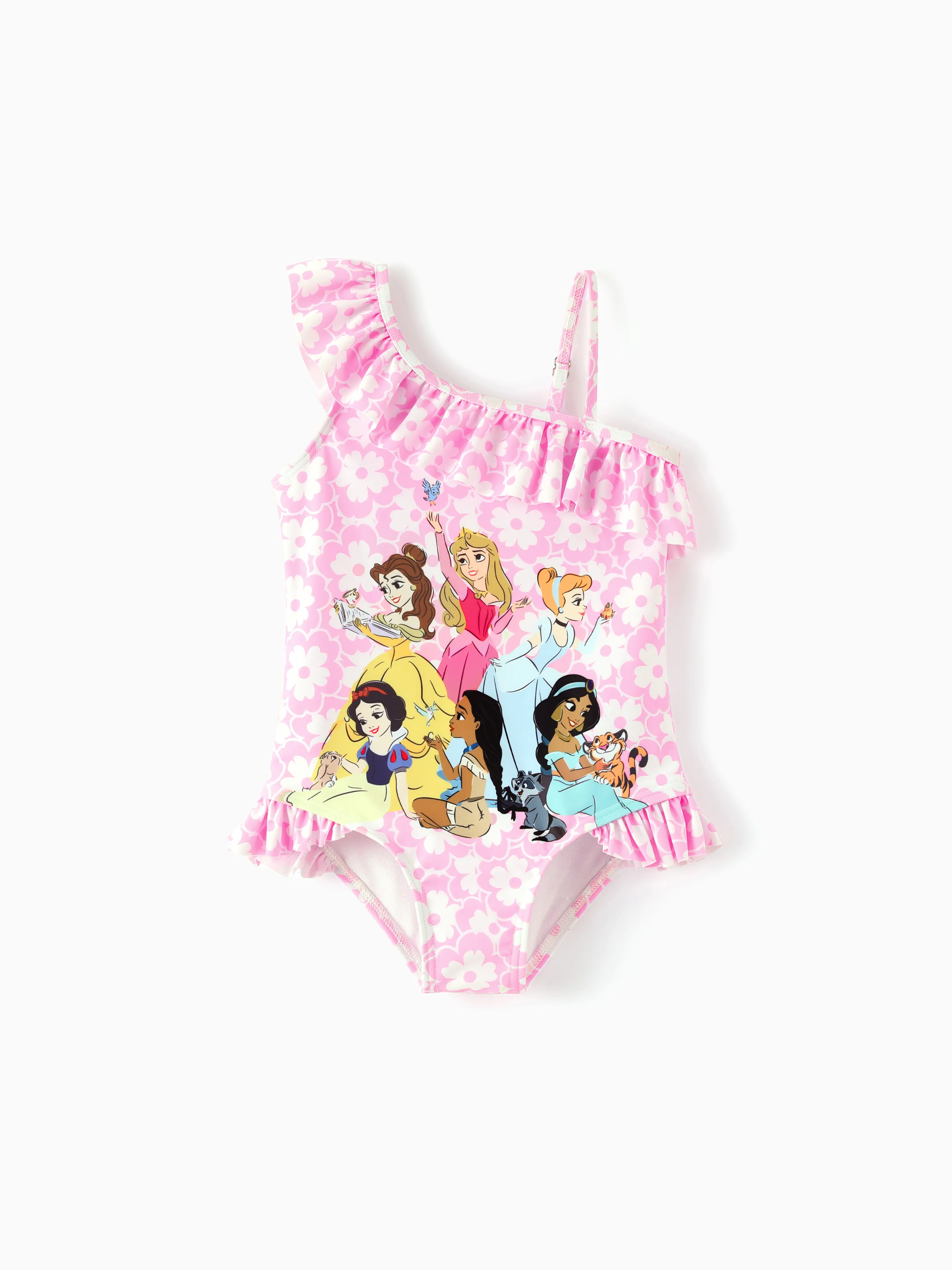 Disney Princess Toddler/Kid Girl Snow White/Cinderella/Aurora/Belle/Jasmine/ UPF50+ Ruffled One-shoulder Swimsuit Pink