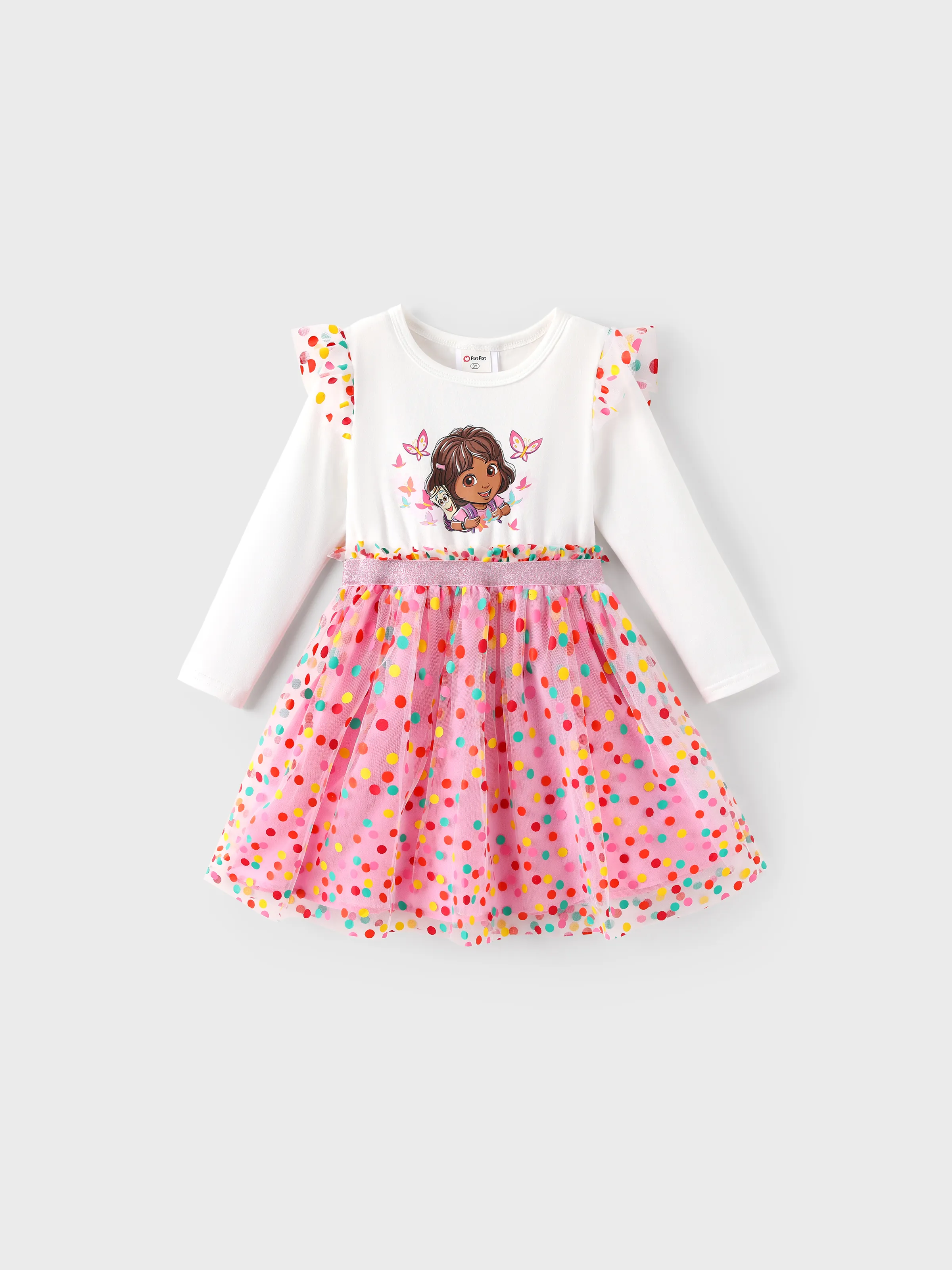 Dora Toddler Girl Knit and Mesh Splicing Polka Dots Dress White