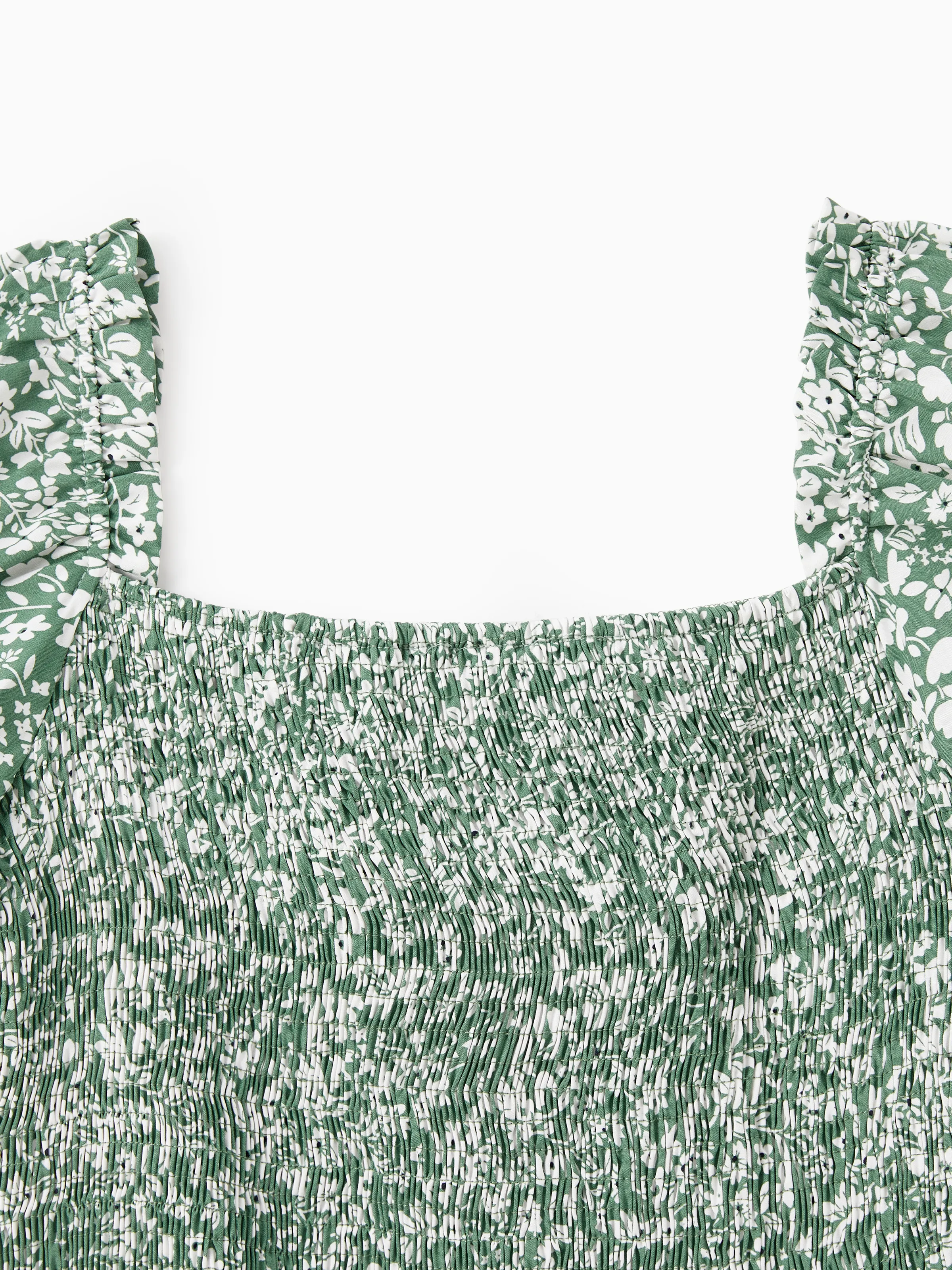Elegant Broken Flower Matching Outfits for Family, Smocking Design, Medium Thickness Green - Image 6