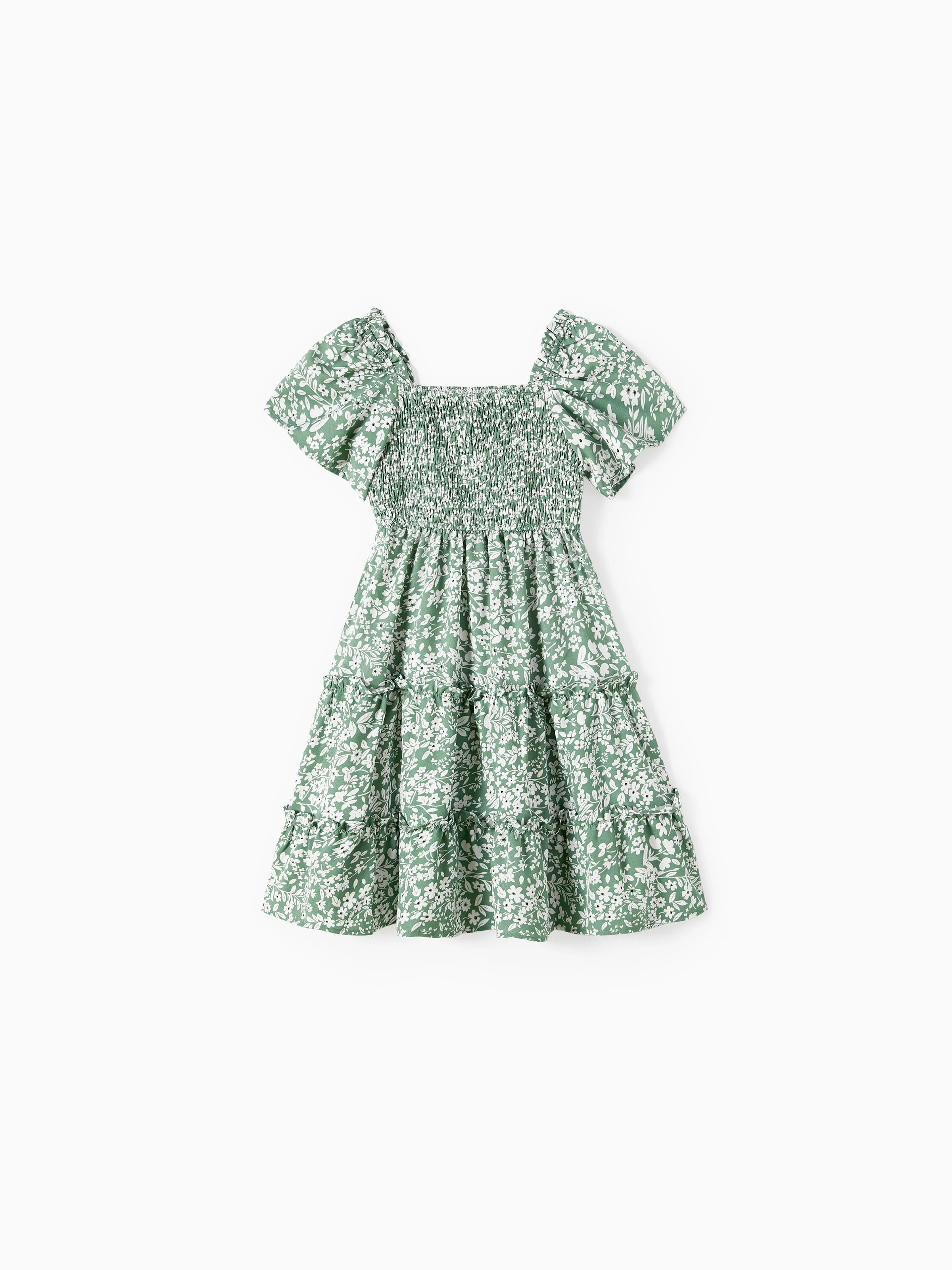 Elegant Broken Flower Matching Outfits for Family, Smocking Design, Medium Thickness Green - Image 9