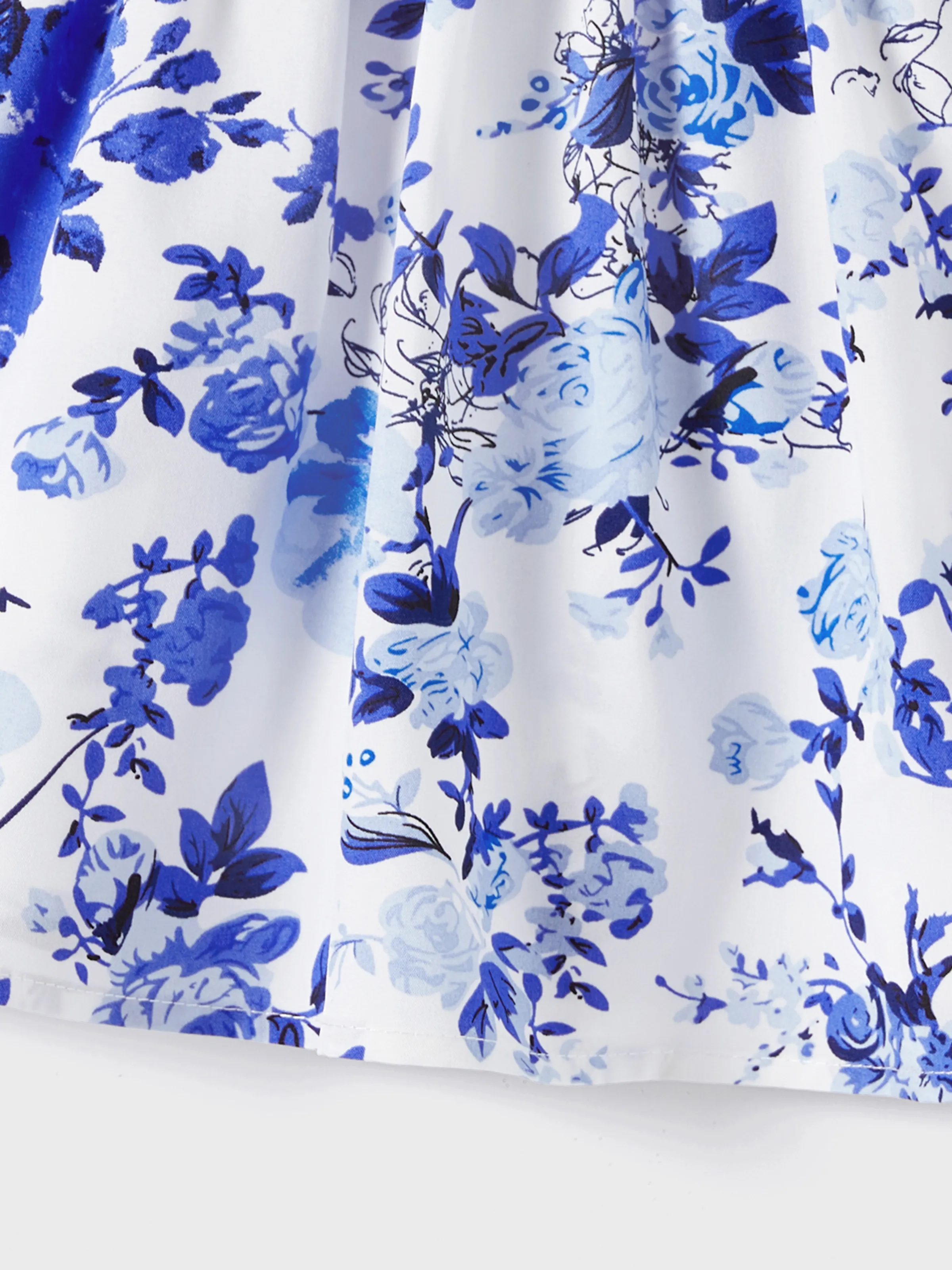 Family Matching Floral Print Short-sleeve Shirt or Tie Waist Dress Set Blue - Image 11