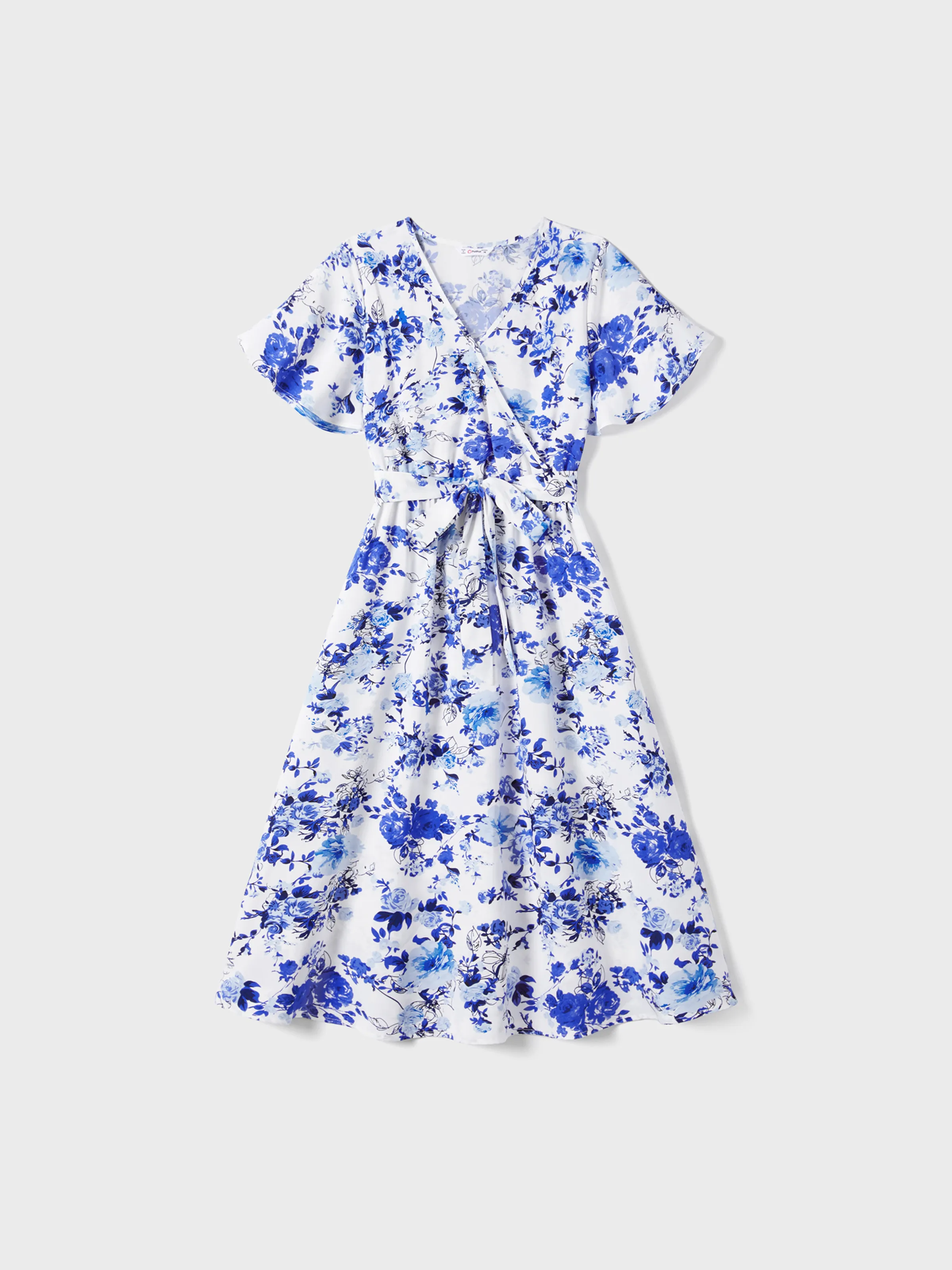 Family Matching Floral Print Short-sleeve Shirt or Tie Waist Dress Set Blue - Image 3