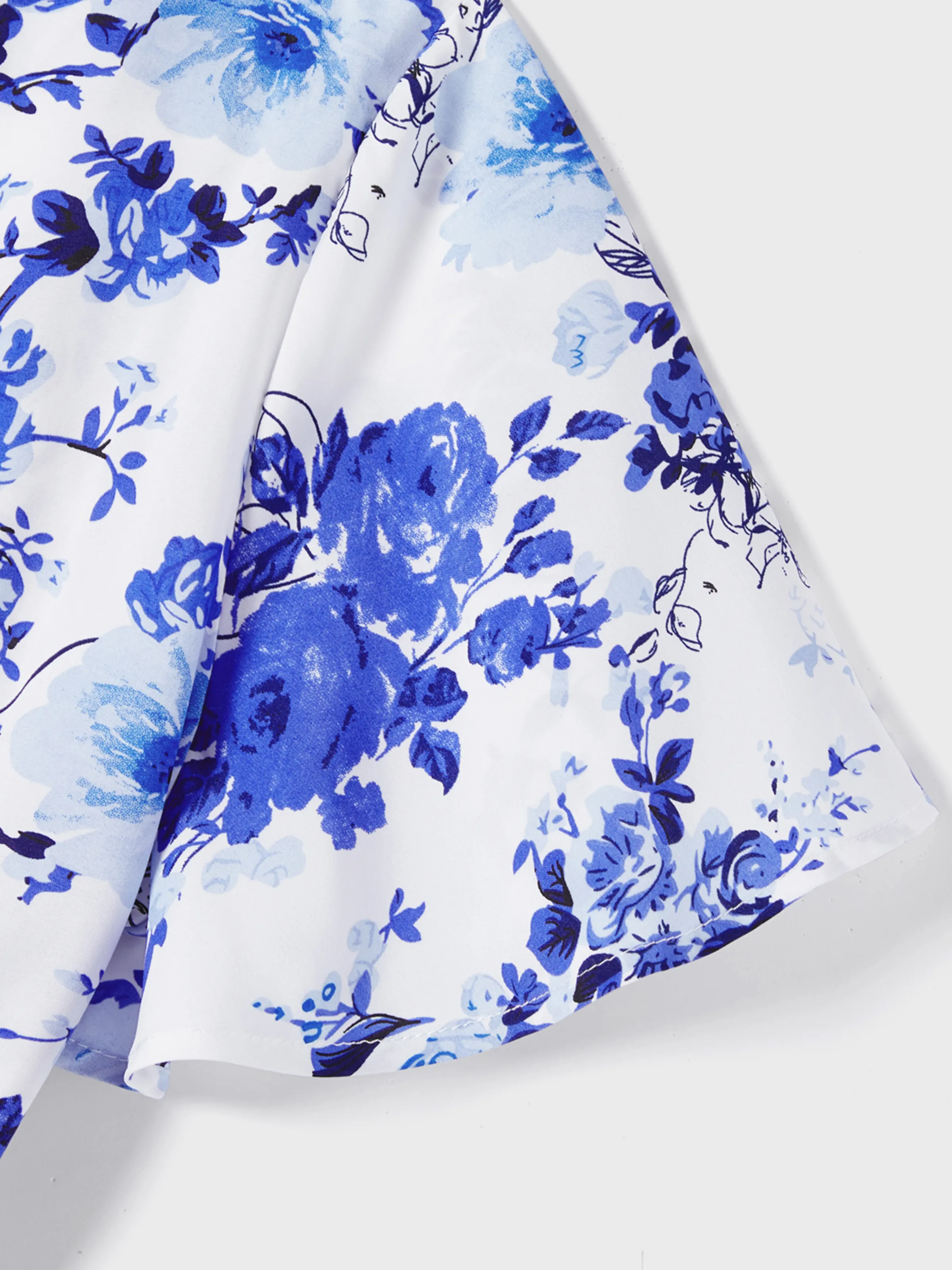 Family Matching Floral Print Short-sleeve Shirt or Tie Waist Dress Set Blue - Image 5