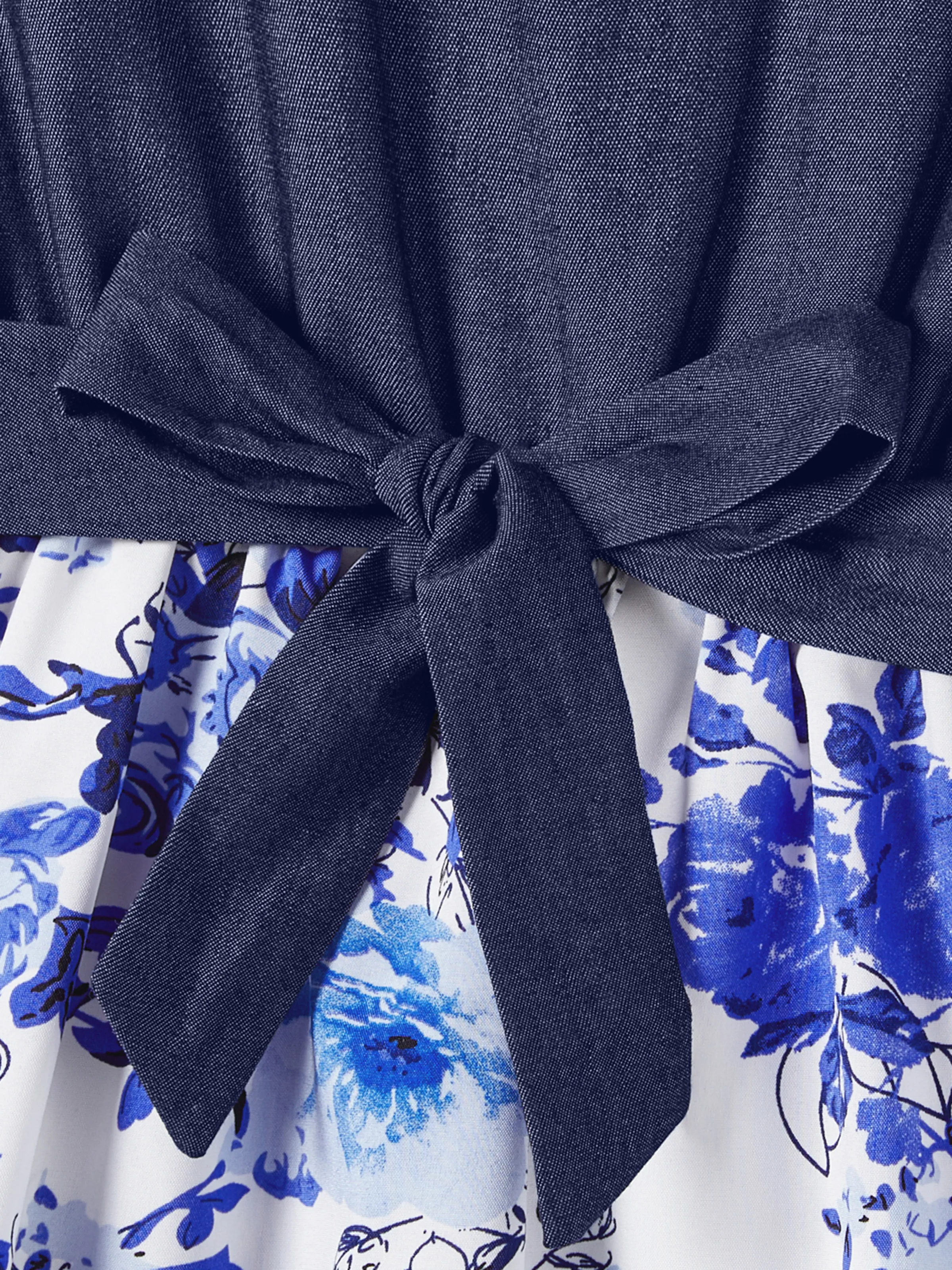 Family Matching Floral Print Short-sleeve Shirt or Tie Waist Dress Set Blue - Image 9