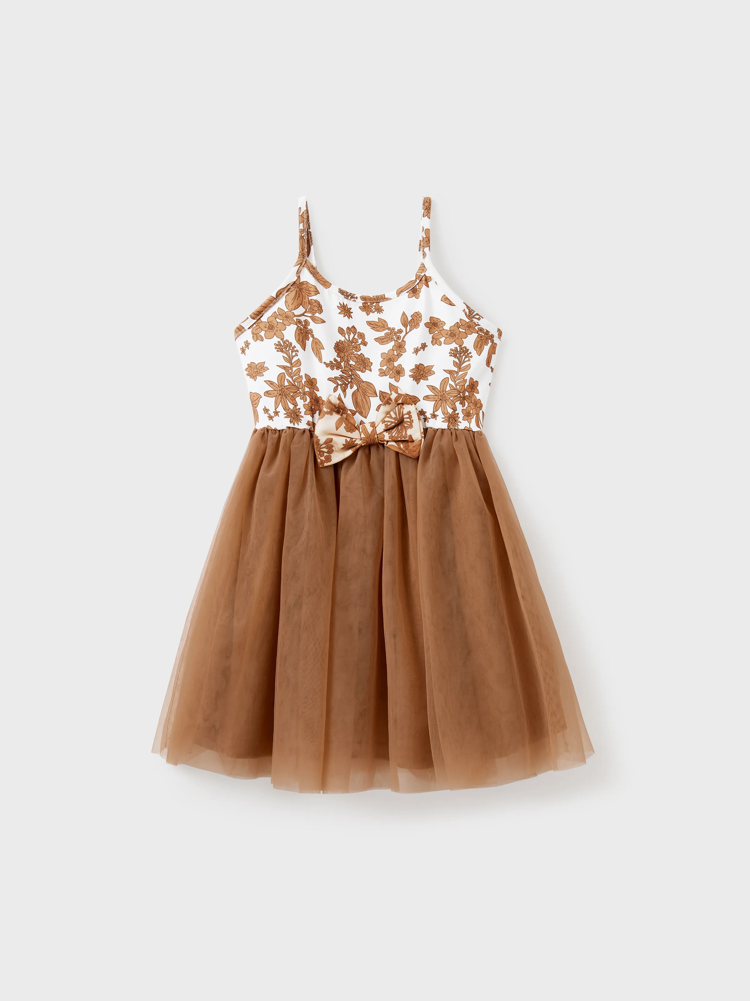 Family Matching Colorblock Cotton Tee or Flora Print Strap Body-con Dress or Mesh Splicing Dress Khaki - Image 8
