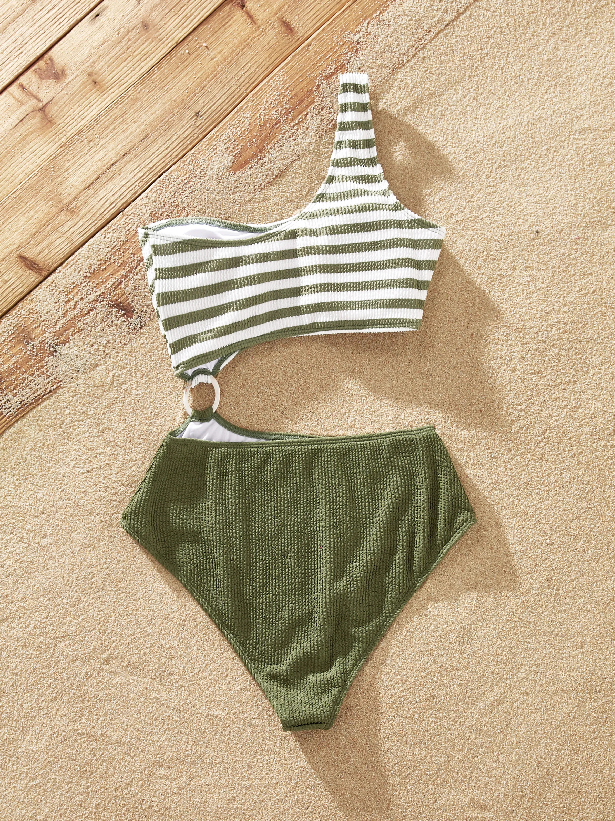 Family Matching Colorblock Stripe Swim Trunks or One Piece One Shoulder Swimsuit Army green - Image 4